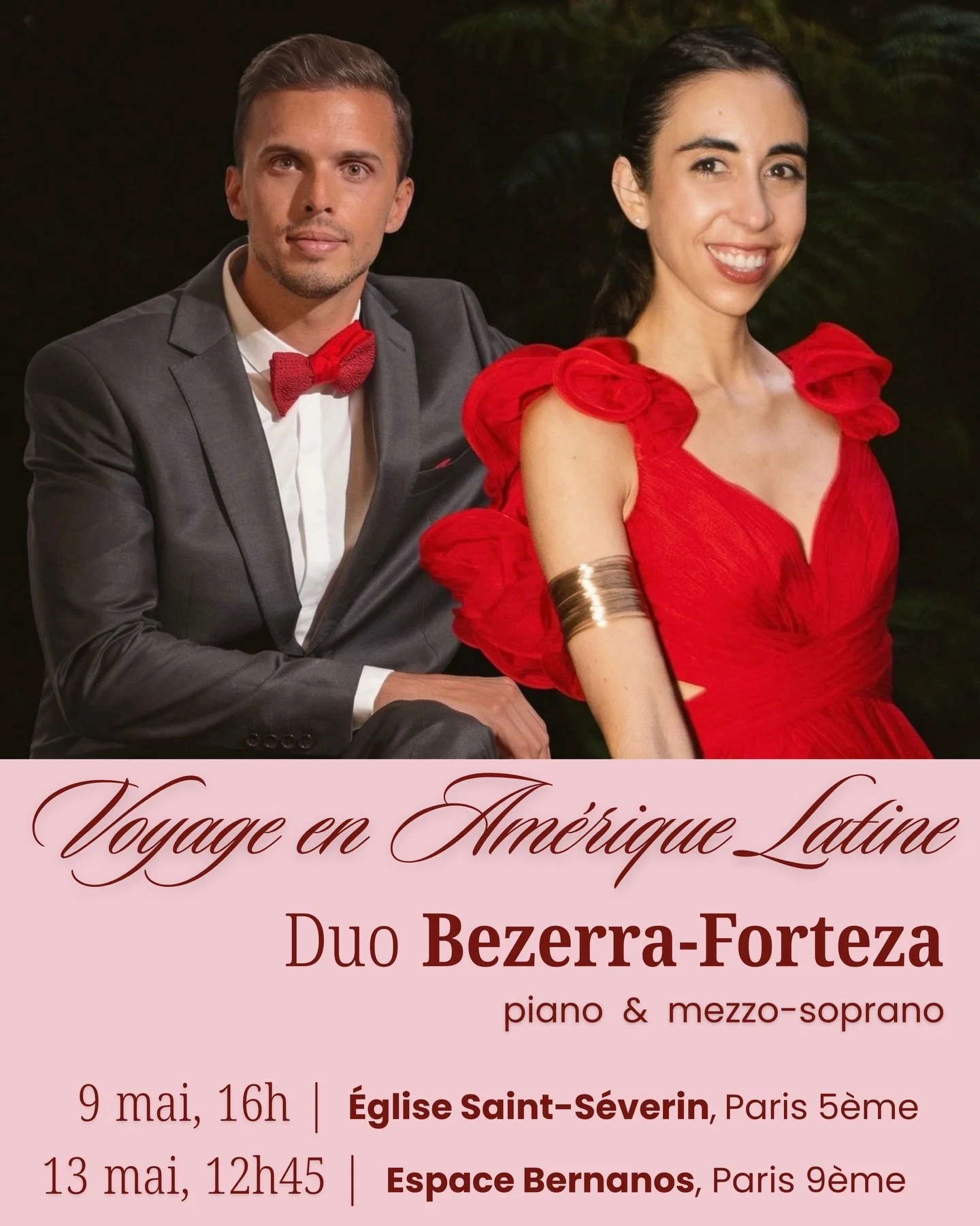 🇫🇷 PARIS! 🇫🇷

Le 𝐃𝐔𝐎 𝐁𝐄𝐙𝐄𝐑𝐑𝐀-𝐅𝐎𝐑𝐓𝐄𝐙𝐀 (@sambezerra &amp; @fortezaeugenia) est de retour &agrave; Paris ce mois de Mai pour pr&eacute;senter un programme de musique classique et populaire latino-am&eacute;ricaine. Un voyage musical
