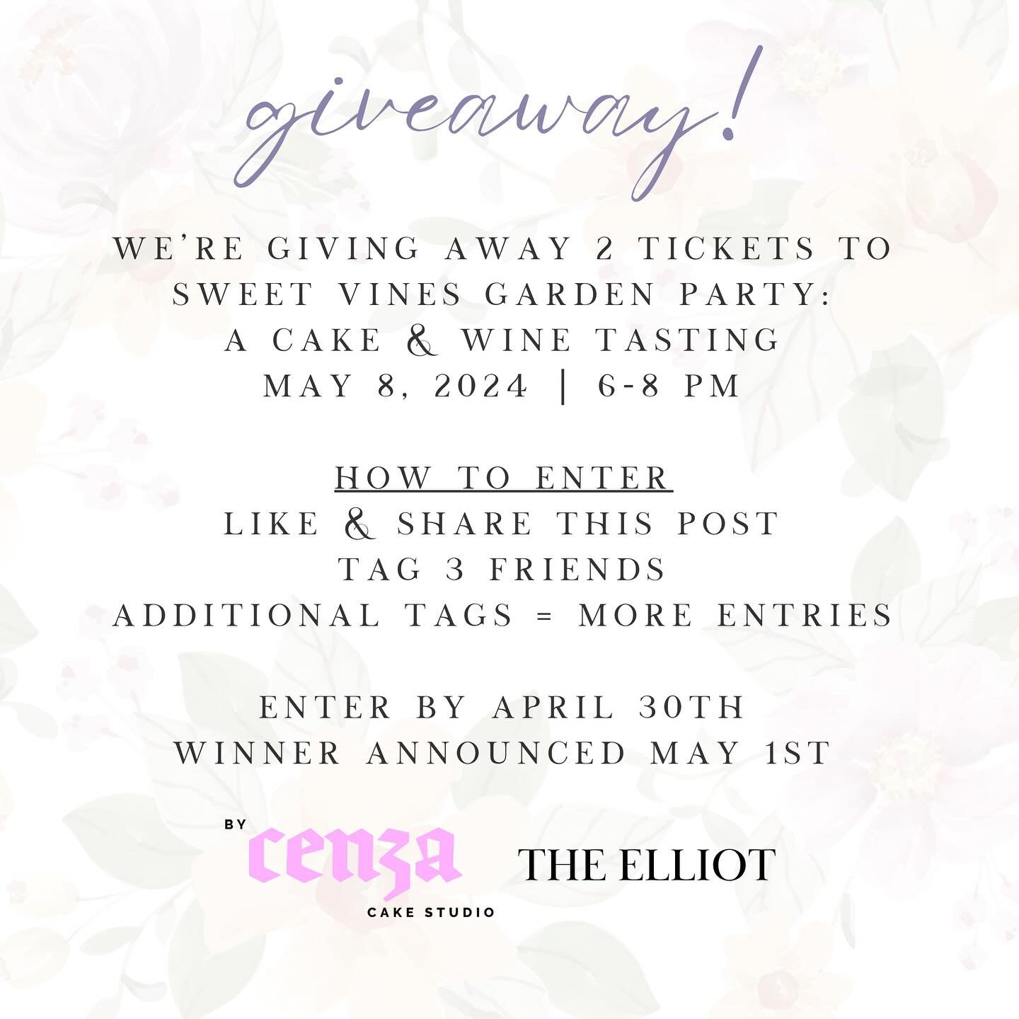 🎂 GIVEAWAY 🍷 

We&rsquo;re giving away two tickets to our cake &amp; wine tasting on Wednesday, May 8th!

Your ticket includes:
✨ 5 cake flavors provided by @bycenza 
✨ Unlimited wine &amp; suggested pairings
✨ Tea sandwiches &amp; snacks
✨ Enterta