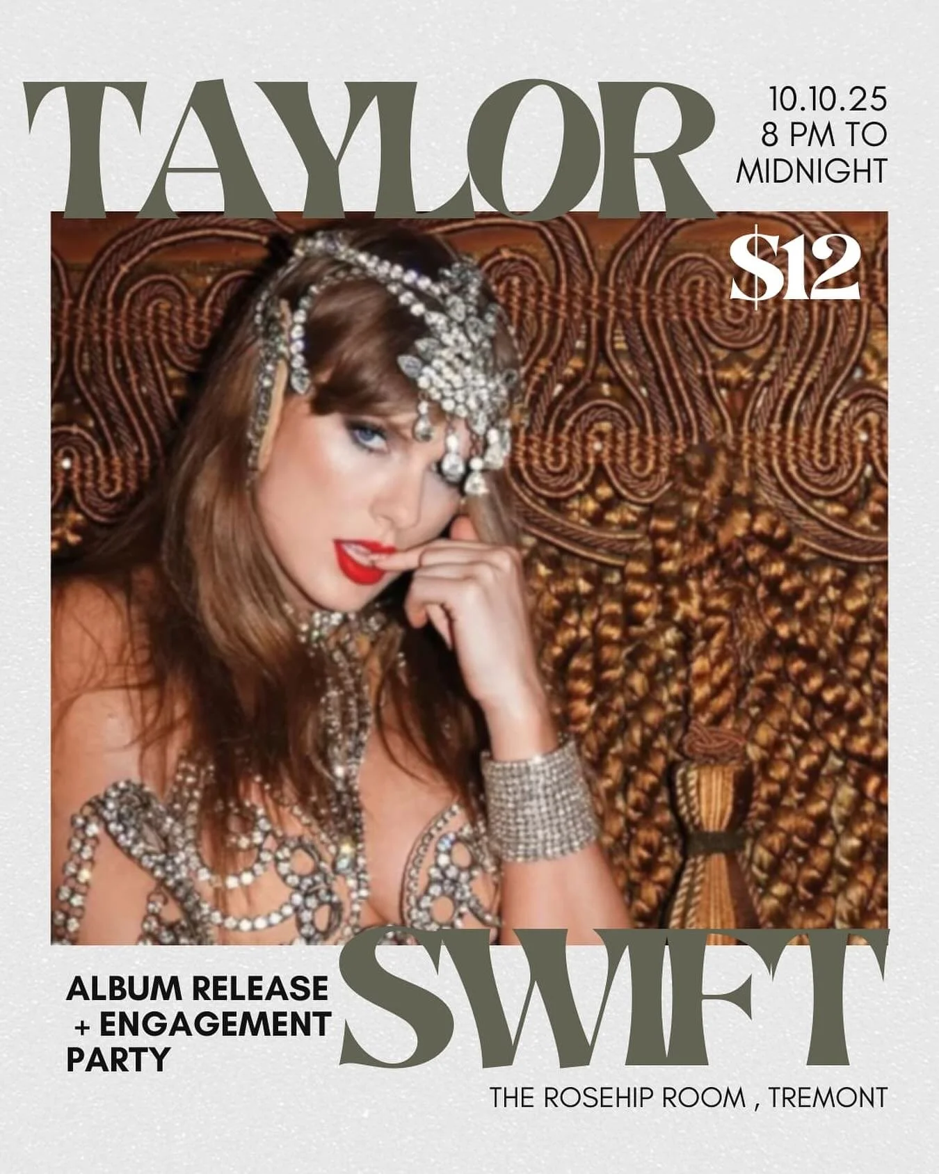 In honor of our favorite singer, songwriter, director, and producer, we&rsquo;re celebrating Taylor Swift&rsquo;s new album release (AND ENGAGEMENT!!!) with a dance party in The Rosehip Room.

Tickets $12
✨ 21+
✨ Includes a welcome drink 🥂
✨ Photo B