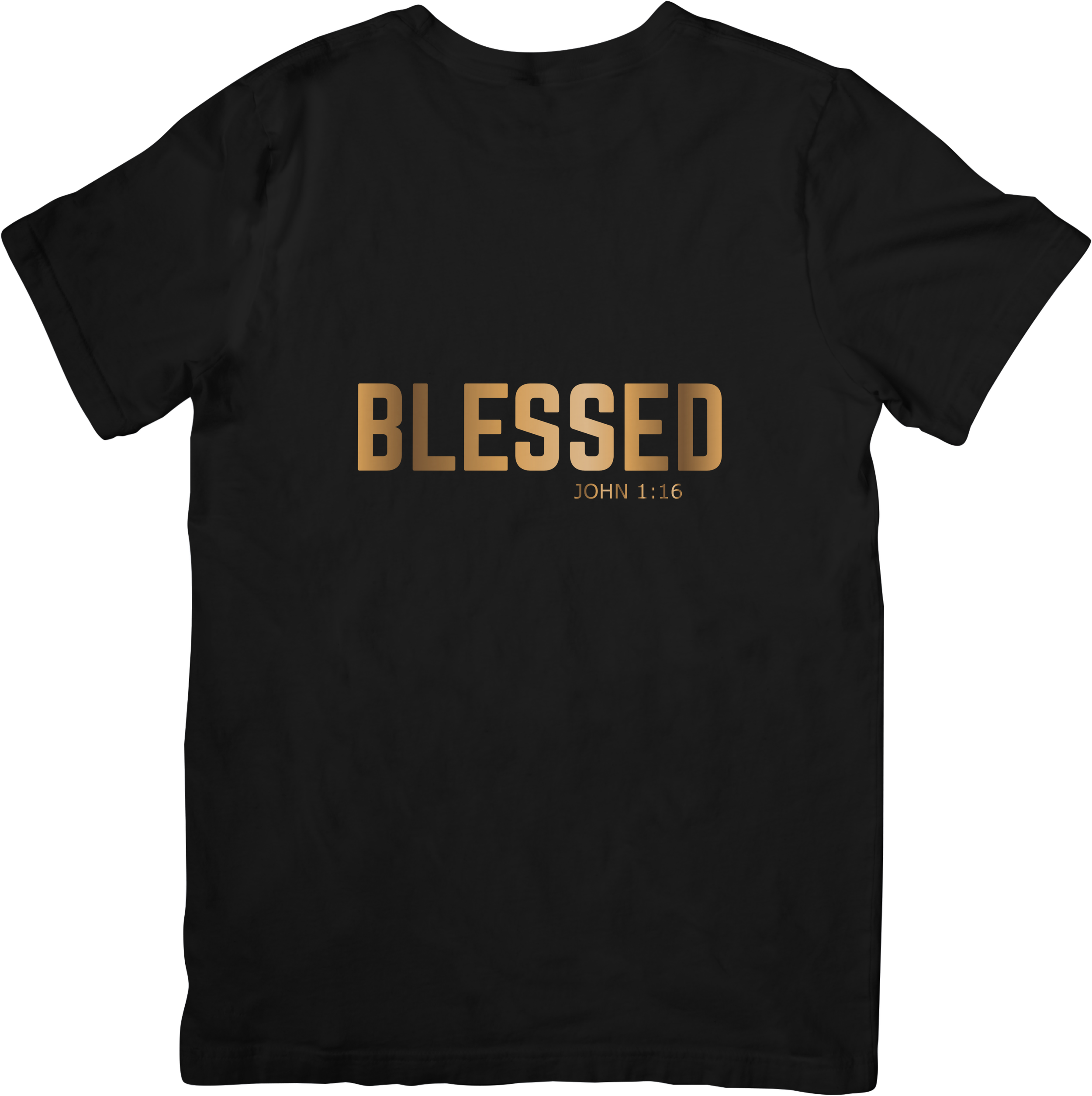 Black T-shirt with the word BLESSED and a Bible verse reference JOHN 1:16 printed in gold letters.