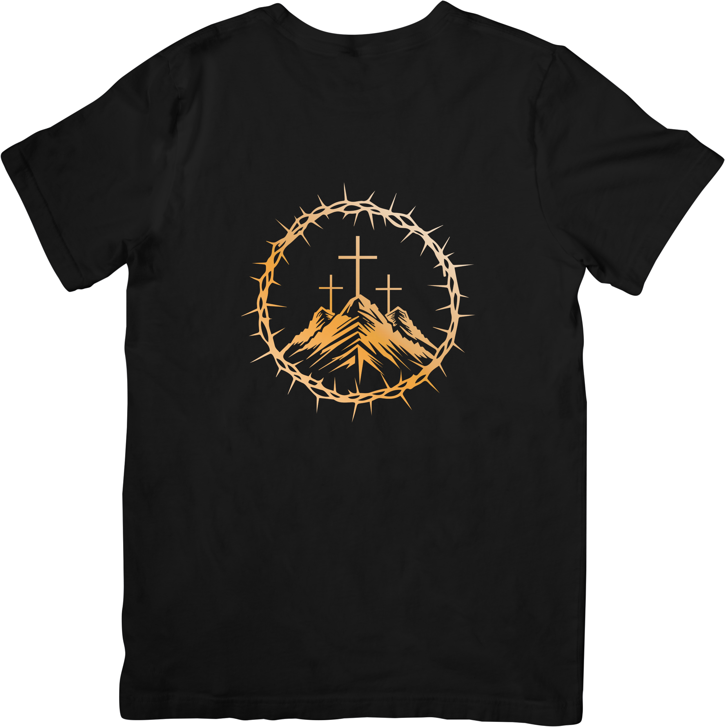 Black T-shirt with a graphic of three crosses on a mountain surrounded by a crown of thorns.