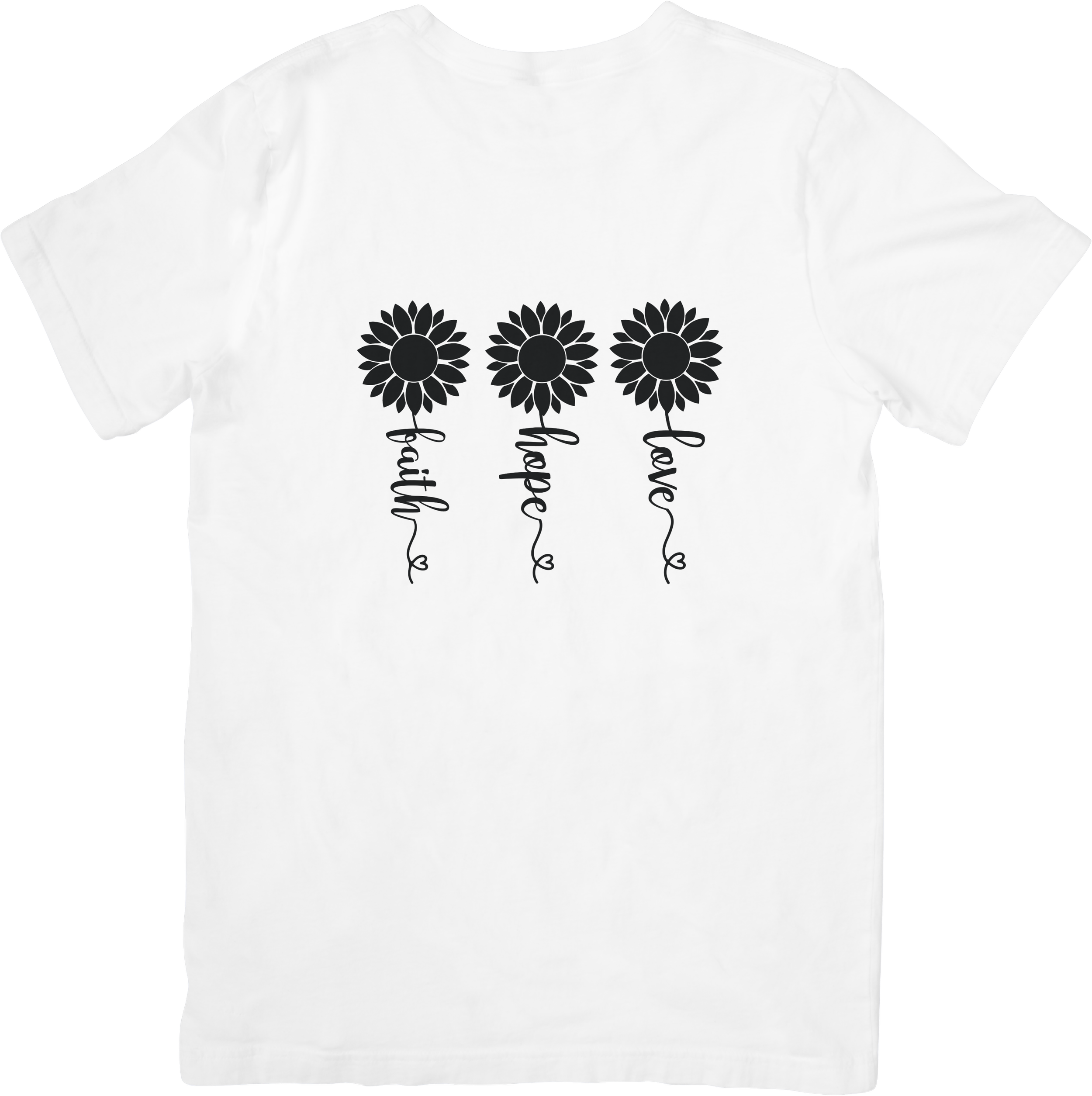 White T-shirt with three black sunflower illustrations, each with a word beneath: 'faith', 'hope', and 'love'.