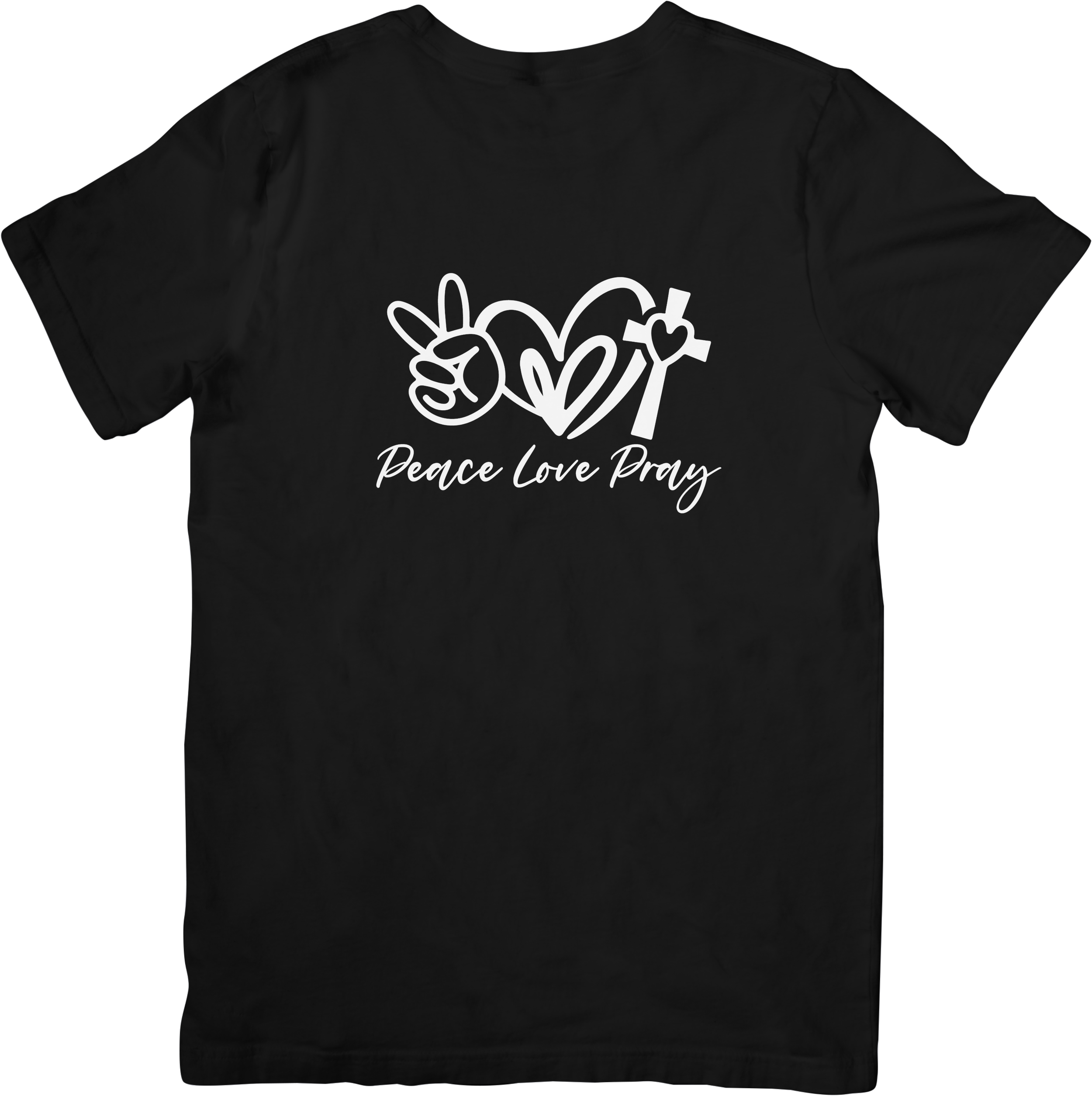 A black T-shirt with white line art symbols of a peace sign, a heart, and a cross, along with the words "Peace Love Pray" written in cursive.