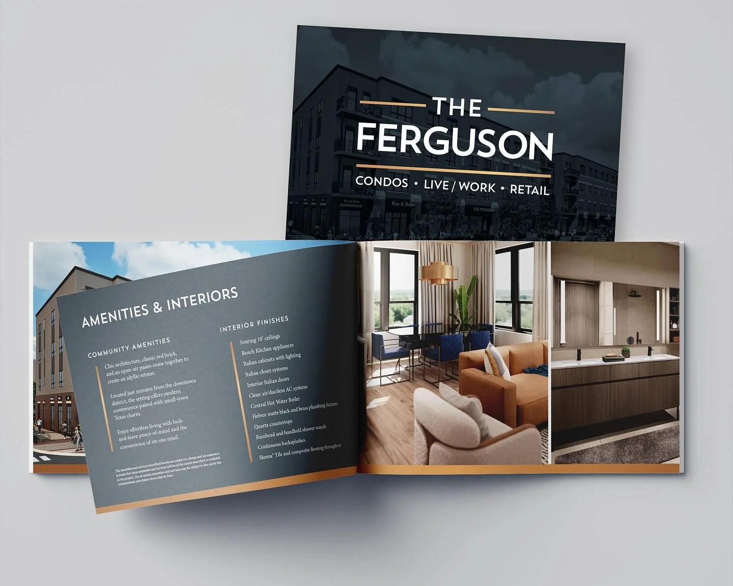 Core Creative designed this stylish booklet that beautifully captures the essence of The Ferguson condos, where timeless red brick, modern architecture, and an open-air paseo set the tone of this new live, work and play condo community in Taylor, Tex