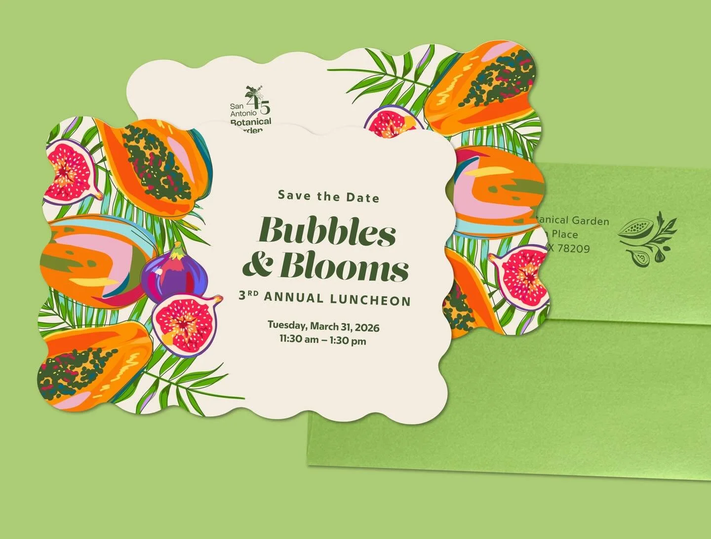 Tropical vibes incoming! Core Creative designed the save-the-date for the third annual SABOT Bubbles &amp; Blooms Luncheon, complete with a metallic green envelope. More on-brand materials are coming soon as we create the pitch packet, invitation sui