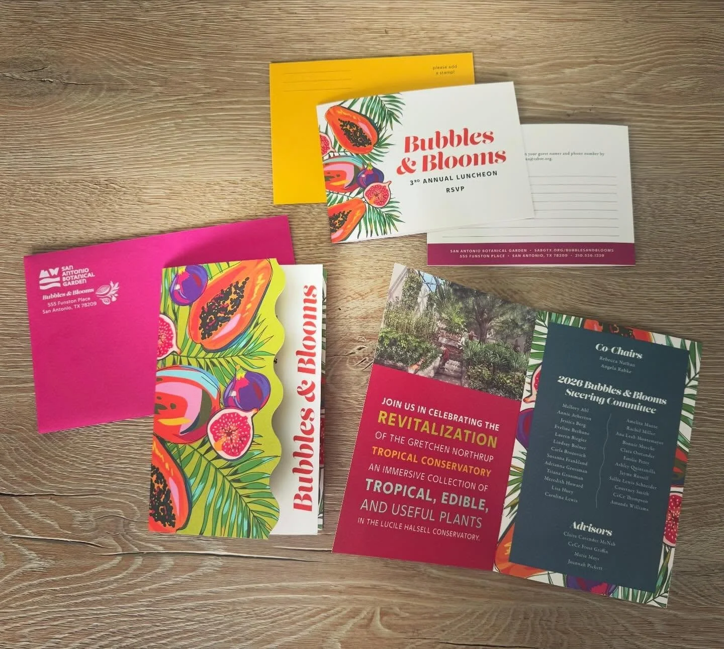 Core Creative had a delightful, delicious time designing the invitation and pitch packet for the San Antonio Botanical Garden&rsquo;s Bubbles and Blooms annual luncheon. Featuring bright, edible tropical fruits, the luncheon supports the Garden&rsquo
