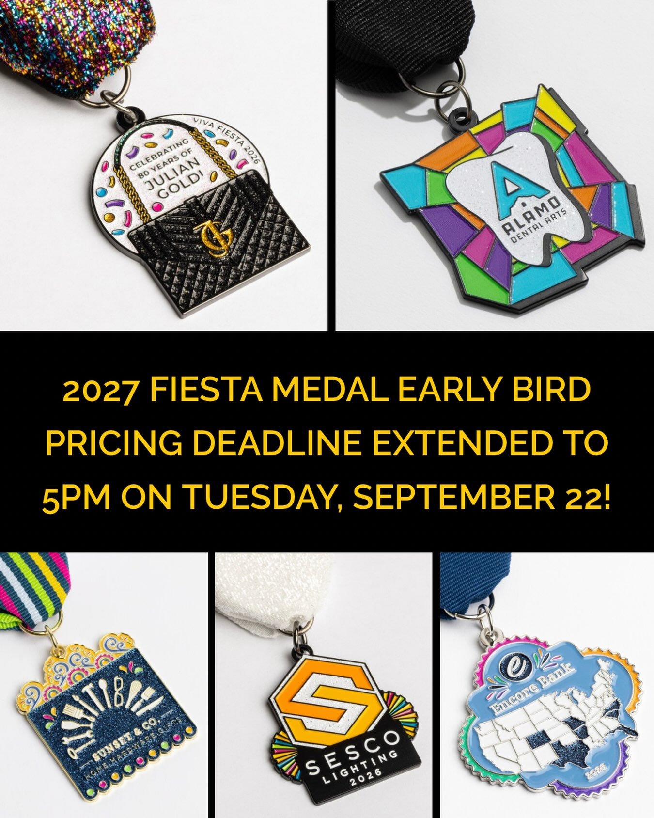 Great news! The deadline for 2026 fiesta medal early bird pricing has been EXTENDED to 5pm on Tuesday, September 22! Our 2027 Custom Fiesta Medal Packages make the process easy from start to finish. VISIT THE LINK IN OUR BIO FOR DETAILS AND TO PLACE 