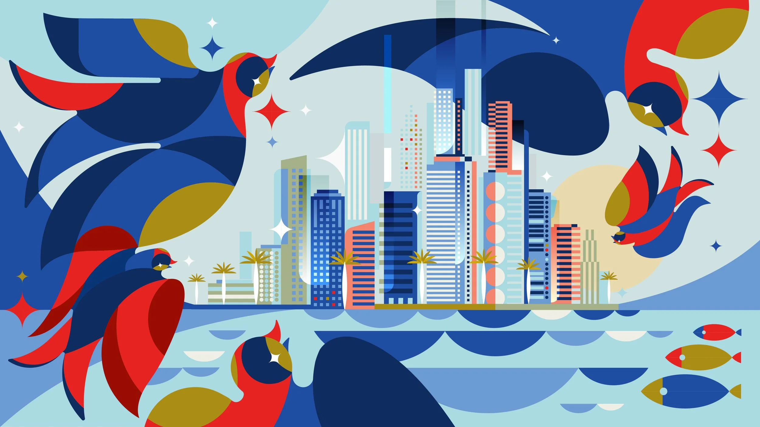 Colorful abstract illustration of a city skyline with tall buildings, palm trees, and water in the foreground, surrounded by vibrant bird shapes and stars.