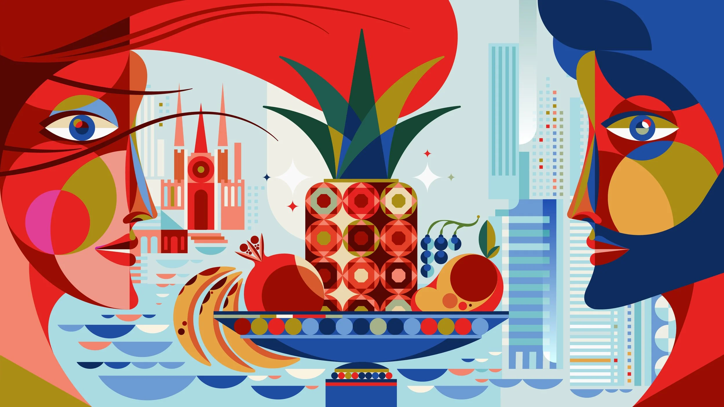 Abstract illustration of two women facing each other, with colorful faces and detailed features, surrounding a fruit bowl with a pineapple, pomegranate, and grapes, against a cityscape background.