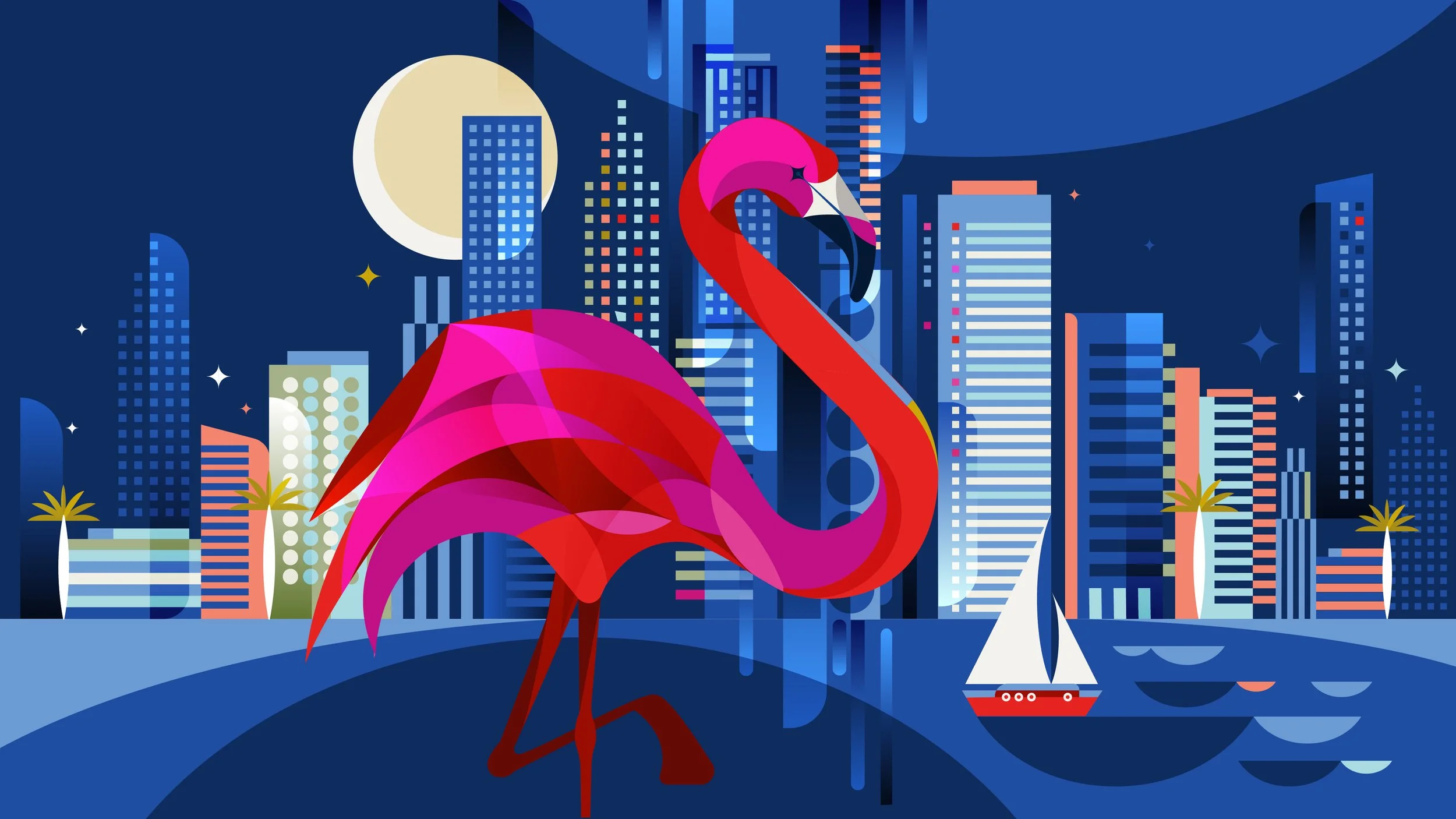 A stylized, colorful illustration of a pink flamingo standing in front of a cityscape at night, with a full moon in the sky and a sailboat on the water.