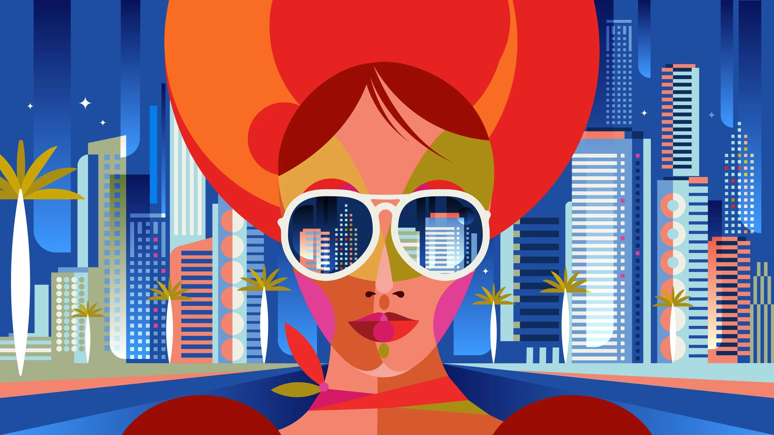 Stylized illustration of a woman with large red hair wearing white sunglasses, set against a city skyline with skyscrapers and palm trees.