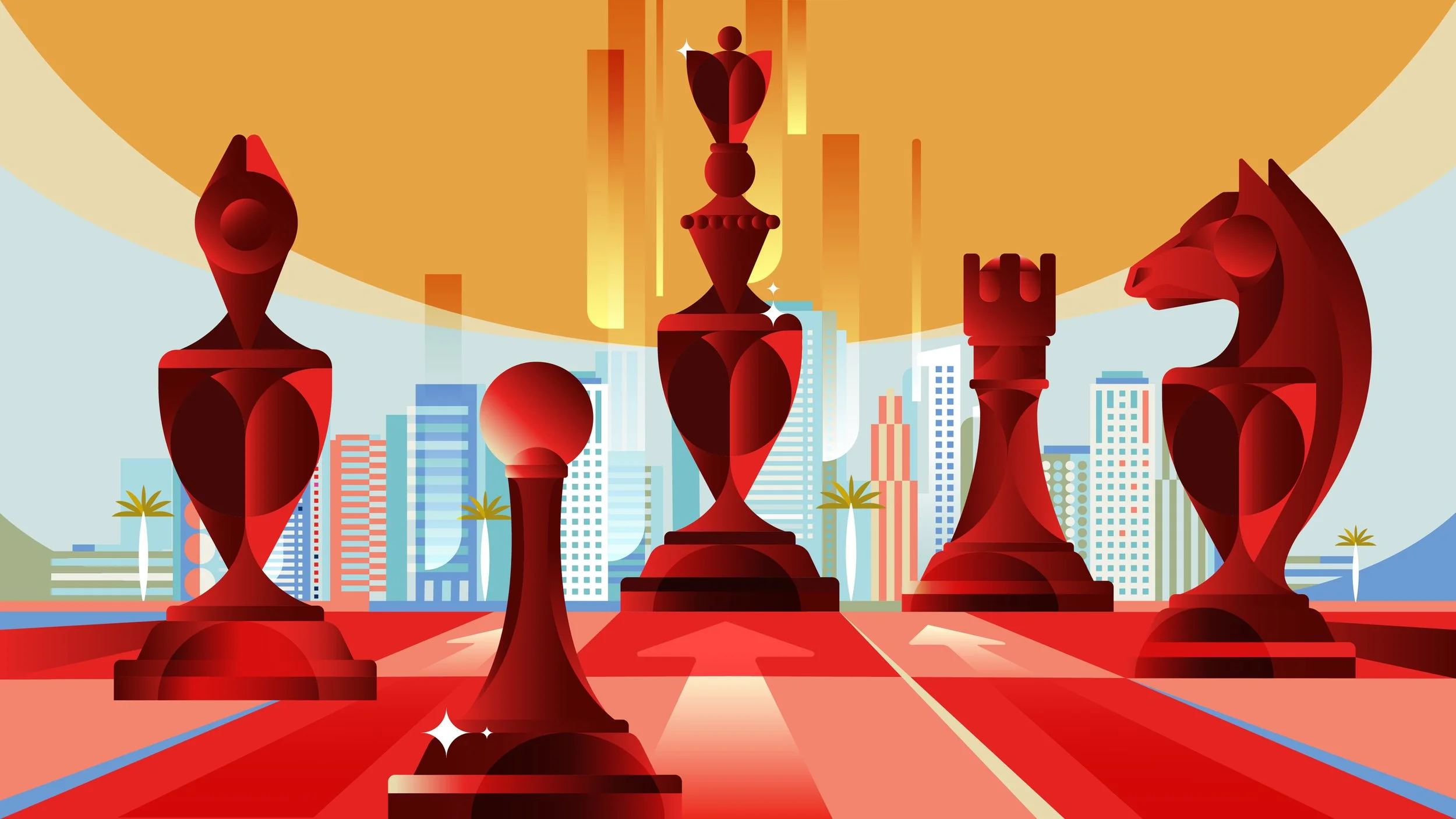 Stylized digital illustration of five large chess pieces on a red checkered board with a city skyline and tall buildings in the background under a large orange sun.