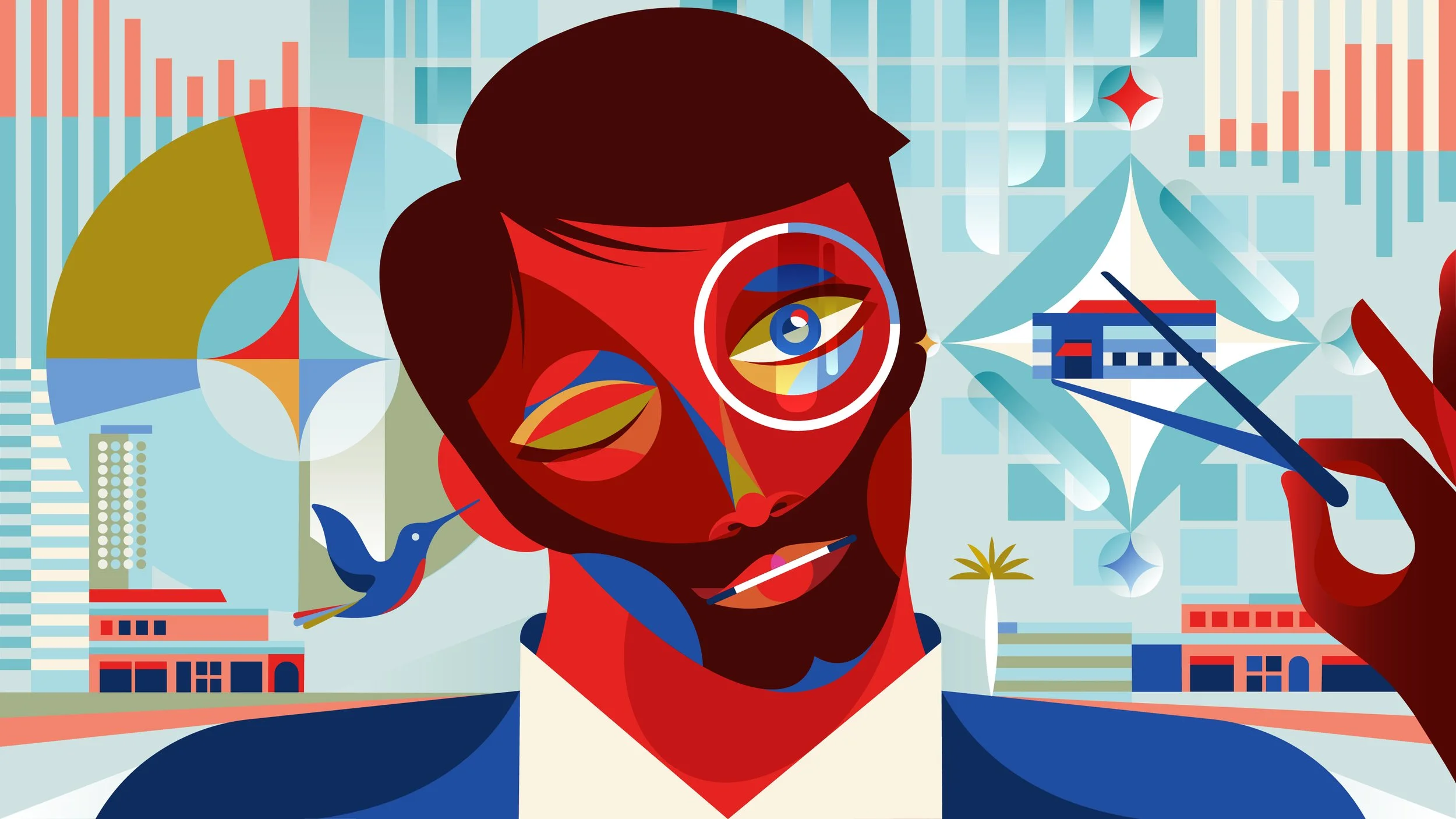 Stylized digital illustration of a man with a beard in front of a cityscape, with various abstract shapes, a hummingbird, and a floating eye magnified by a circular lens in his eye, holding a paintbrush.