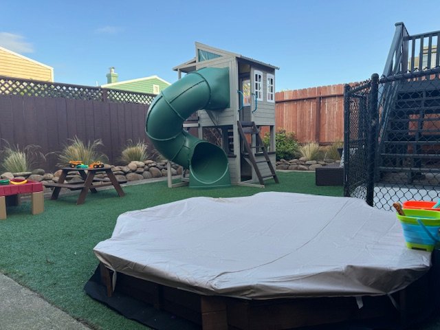 Backyard with a playhouse, slide, rocky landscape border, sandbox, and covered hot tub.