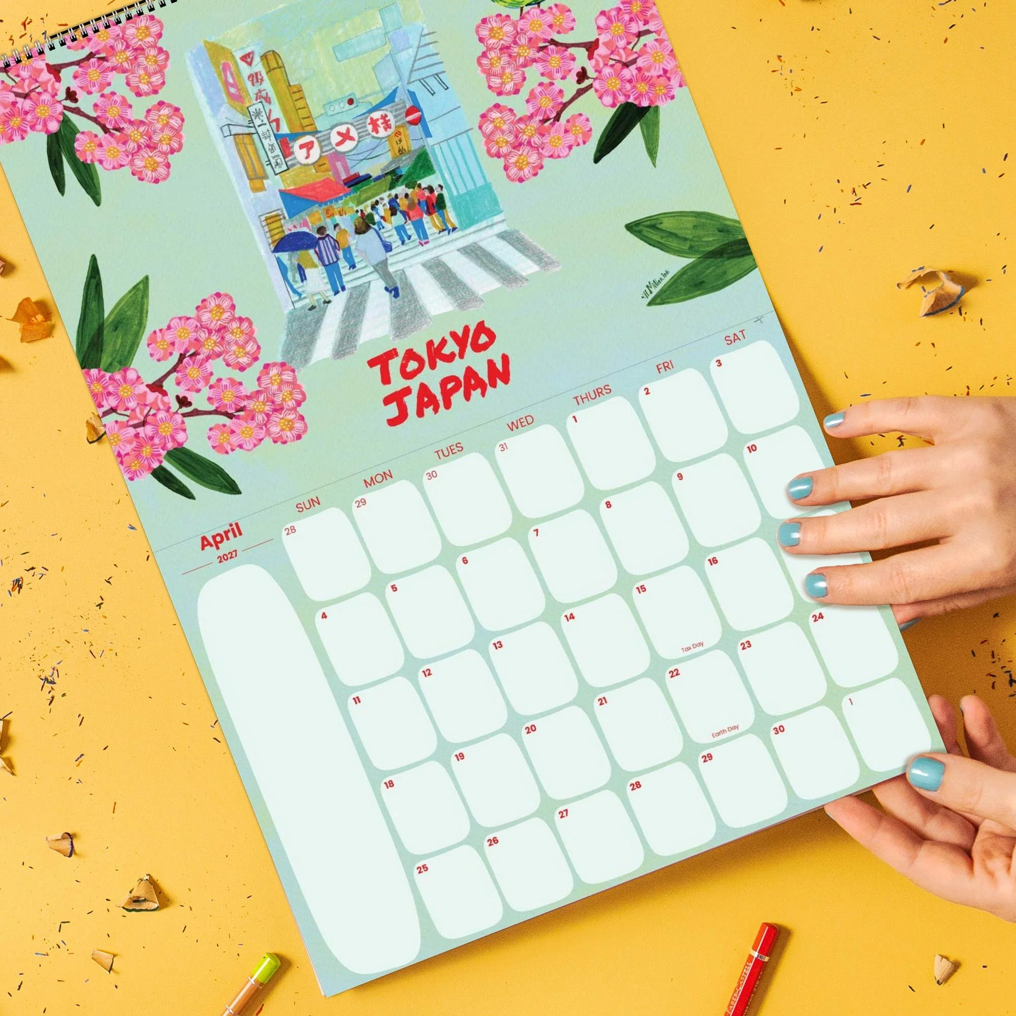 2027 Travel Wall Calendar featuring Tokyo, Japan illustrations hand-drawn by illustrator Heather Miller.