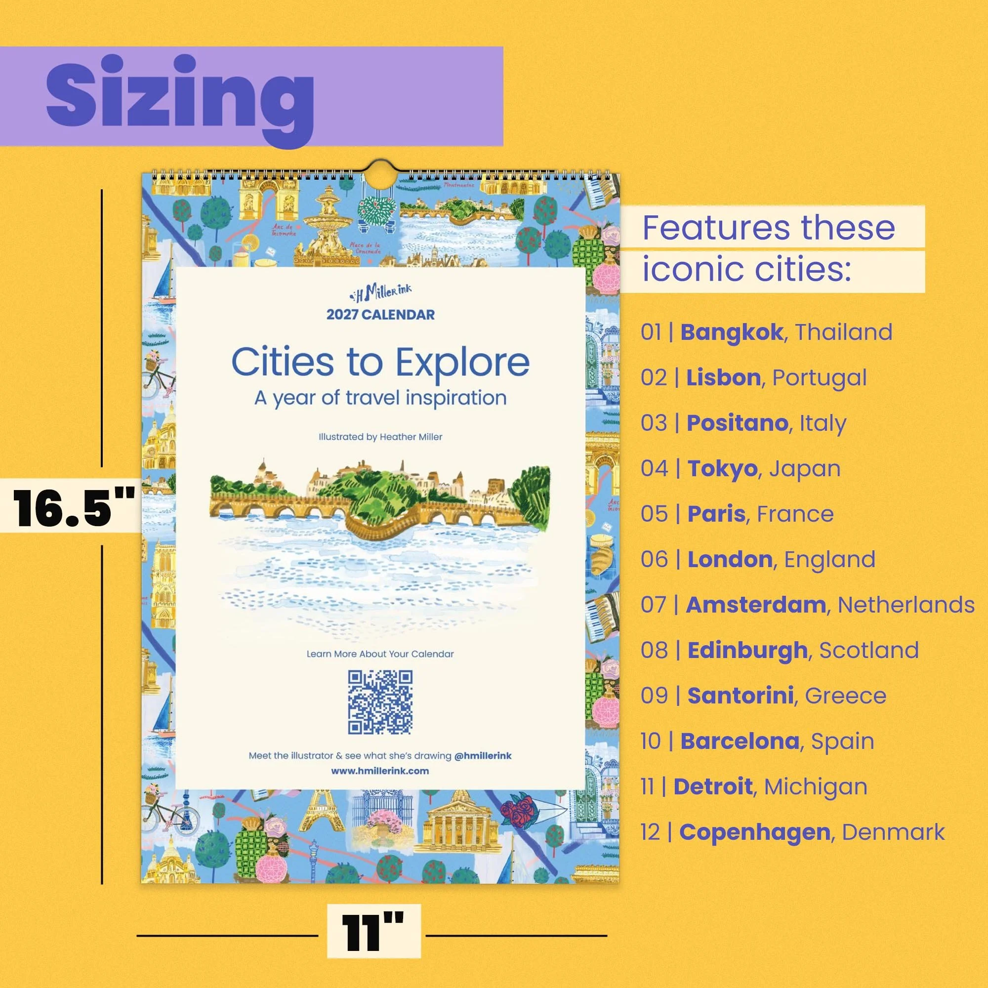 2027 Travel Wall Calendar with hand-drawn illustrations by illustrator Heather Miller. 12 cities, doubles as frameable art prints.