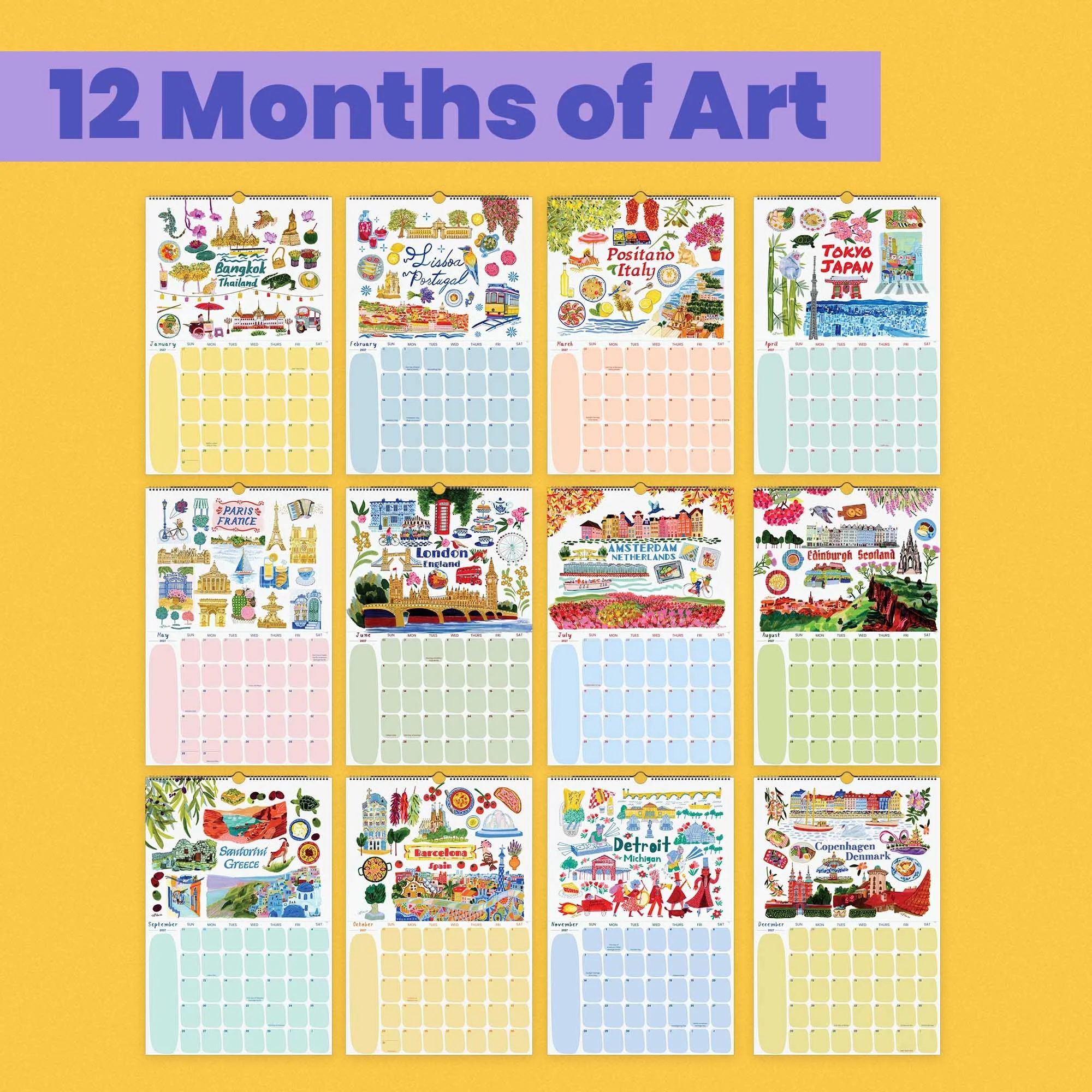 2027 Travel Wall Calendar with hand-drawn illustrations by illustrator Heather Miller. 12 cities, doubles as frameable art prints.