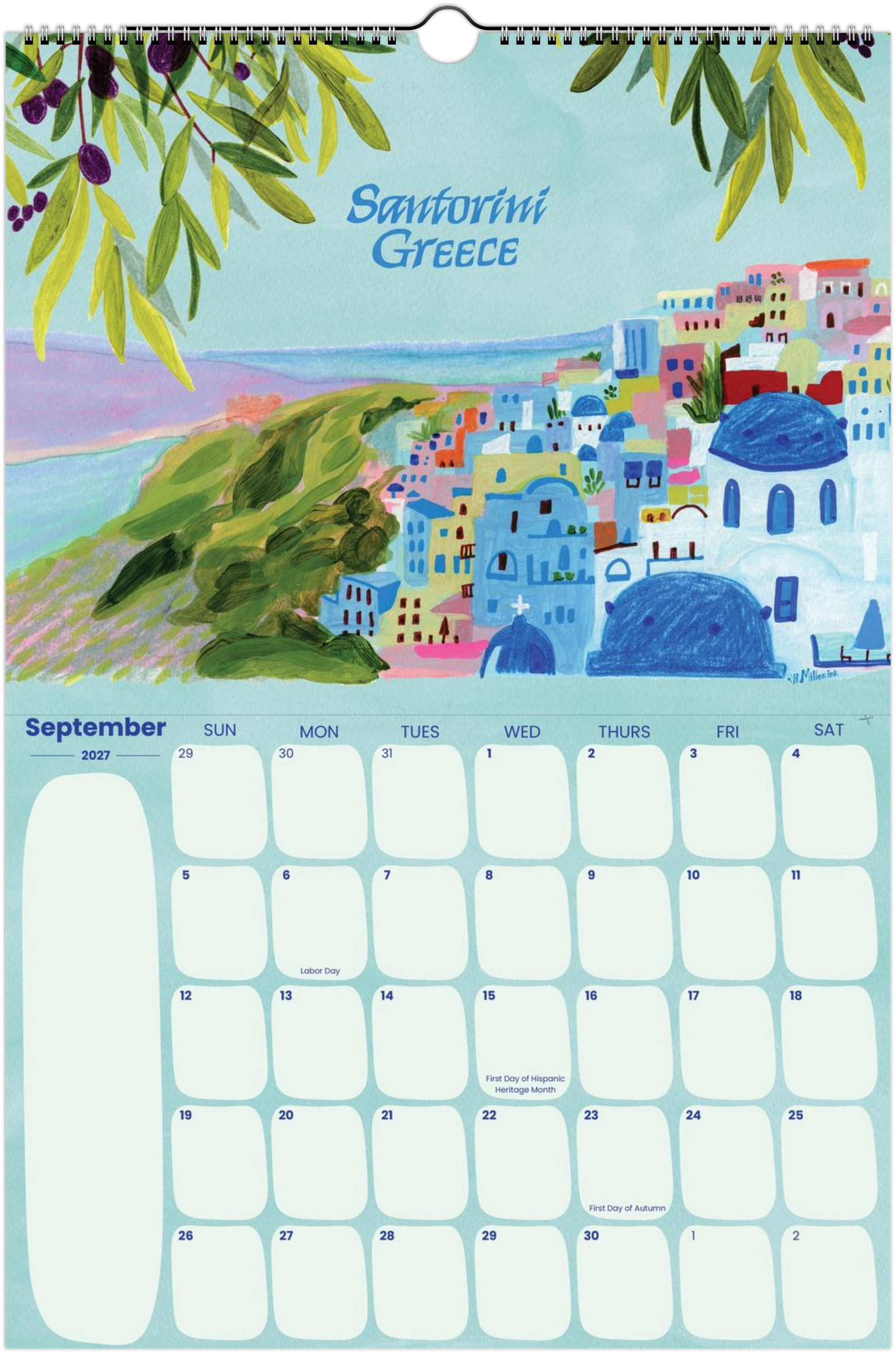 2027 travel calendar by illustrated by Heather Miller featuring Santorini, Greece artwork