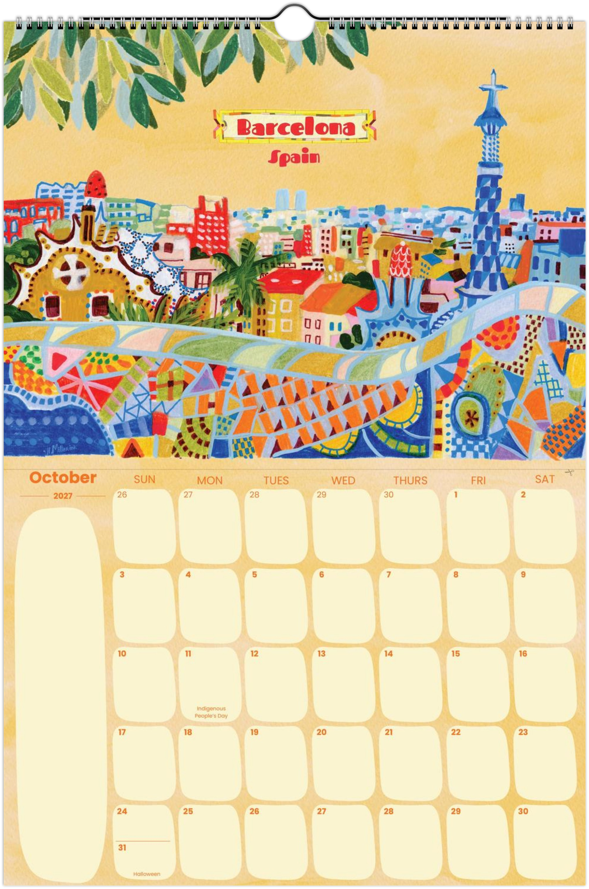 2027 travel calendar by illustrated by Heather Miller featuring Barcelona, Spain artwork