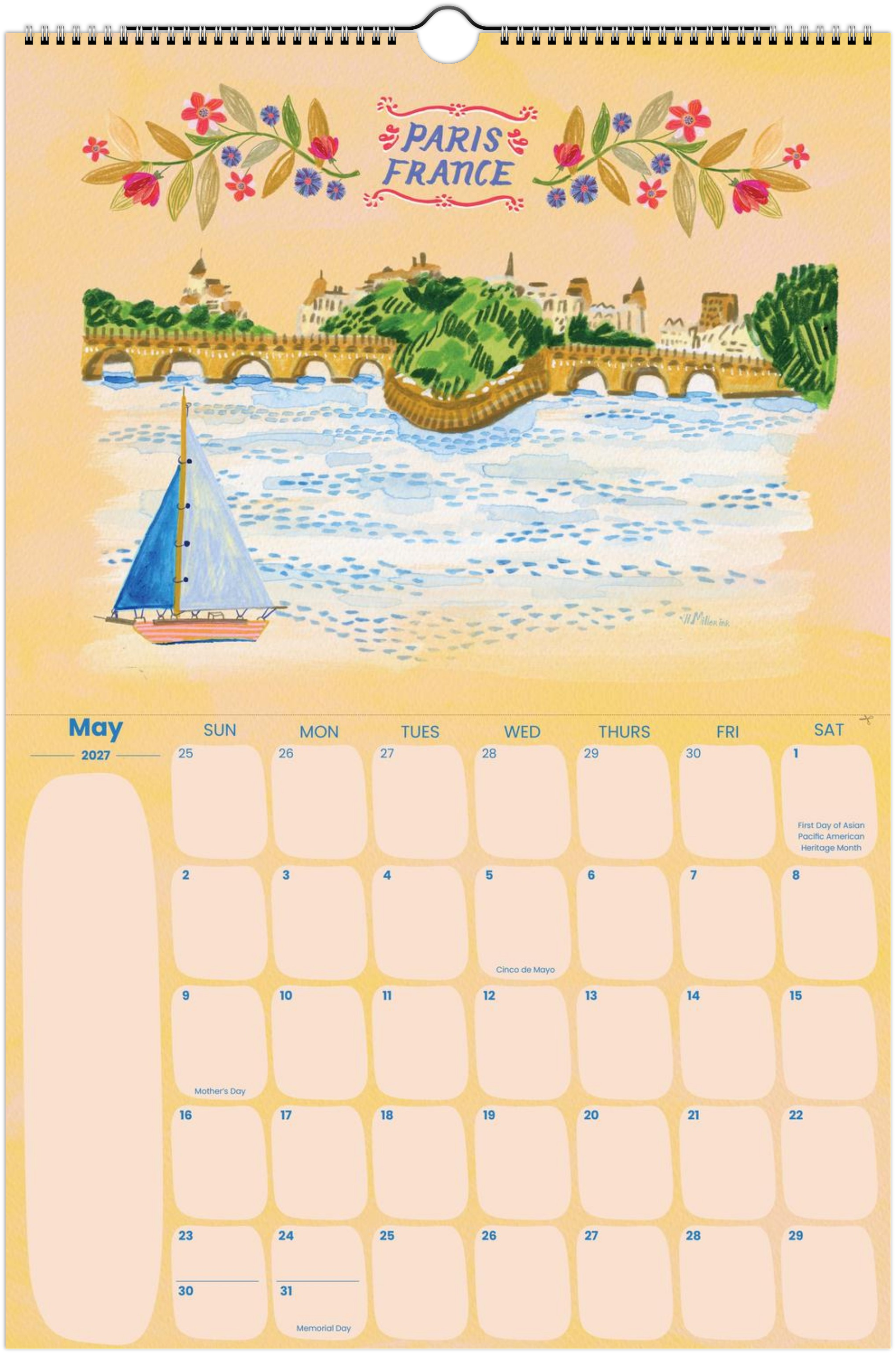 2027 travel calendar by illustrated by Heather Miller featuring Paris, France artwork