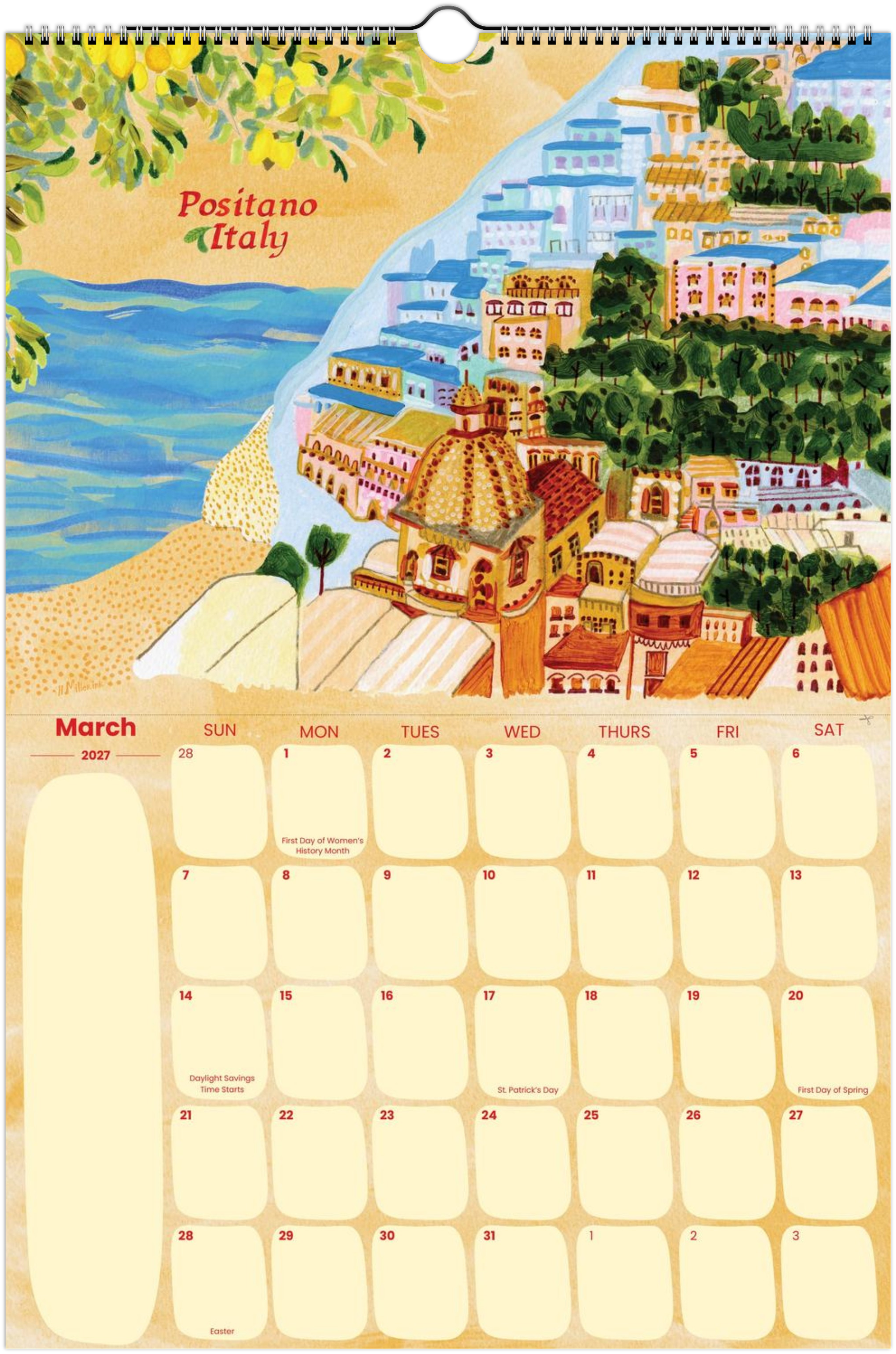 2027 travel calendar by illustrated by Heather Miller featuring Positano, Italy artwork
