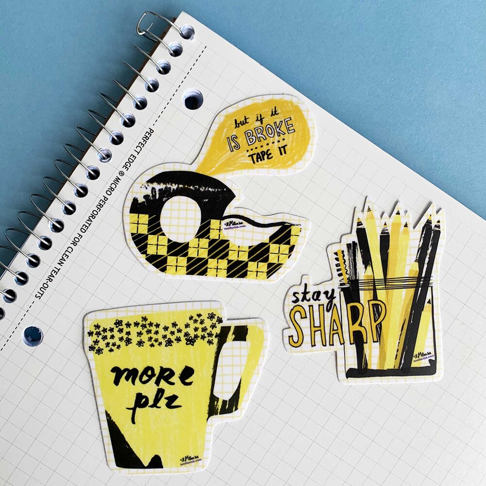 Encouraging Office Supplies, Set of 3 - 3x 3 Stickers, H Miller Ink, Freelance Illustrator & Art Director