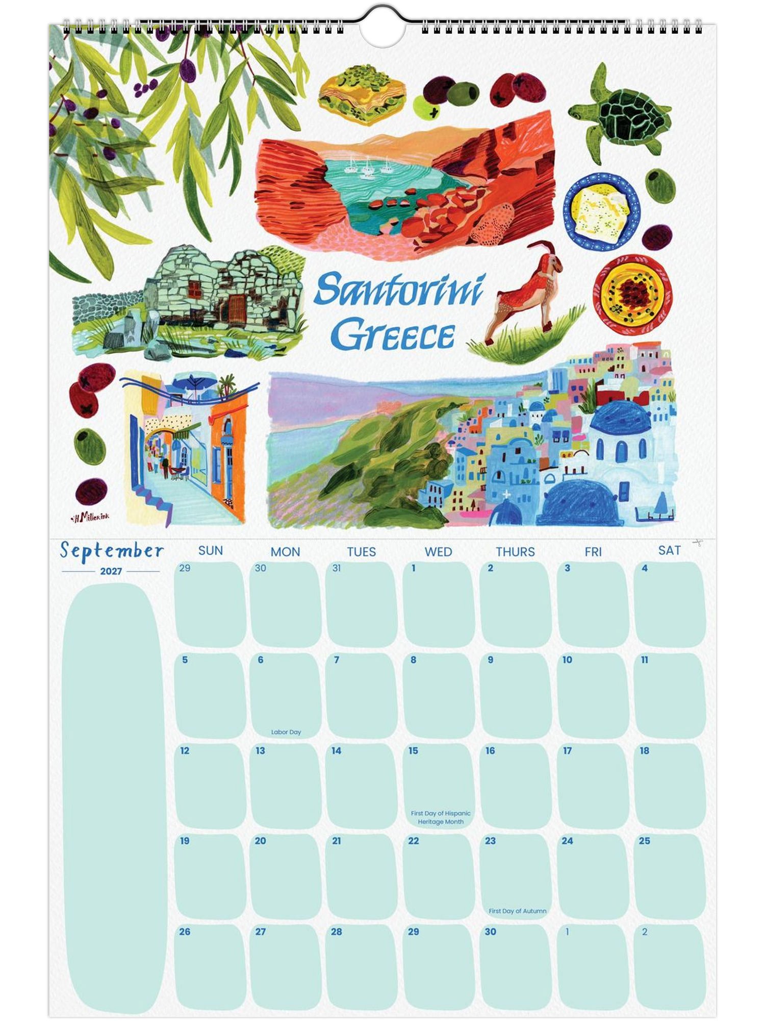 2027 Travel Calendar featuring Santorini, Greece illustration by illustrator Heather Miller - H Miller Ink art