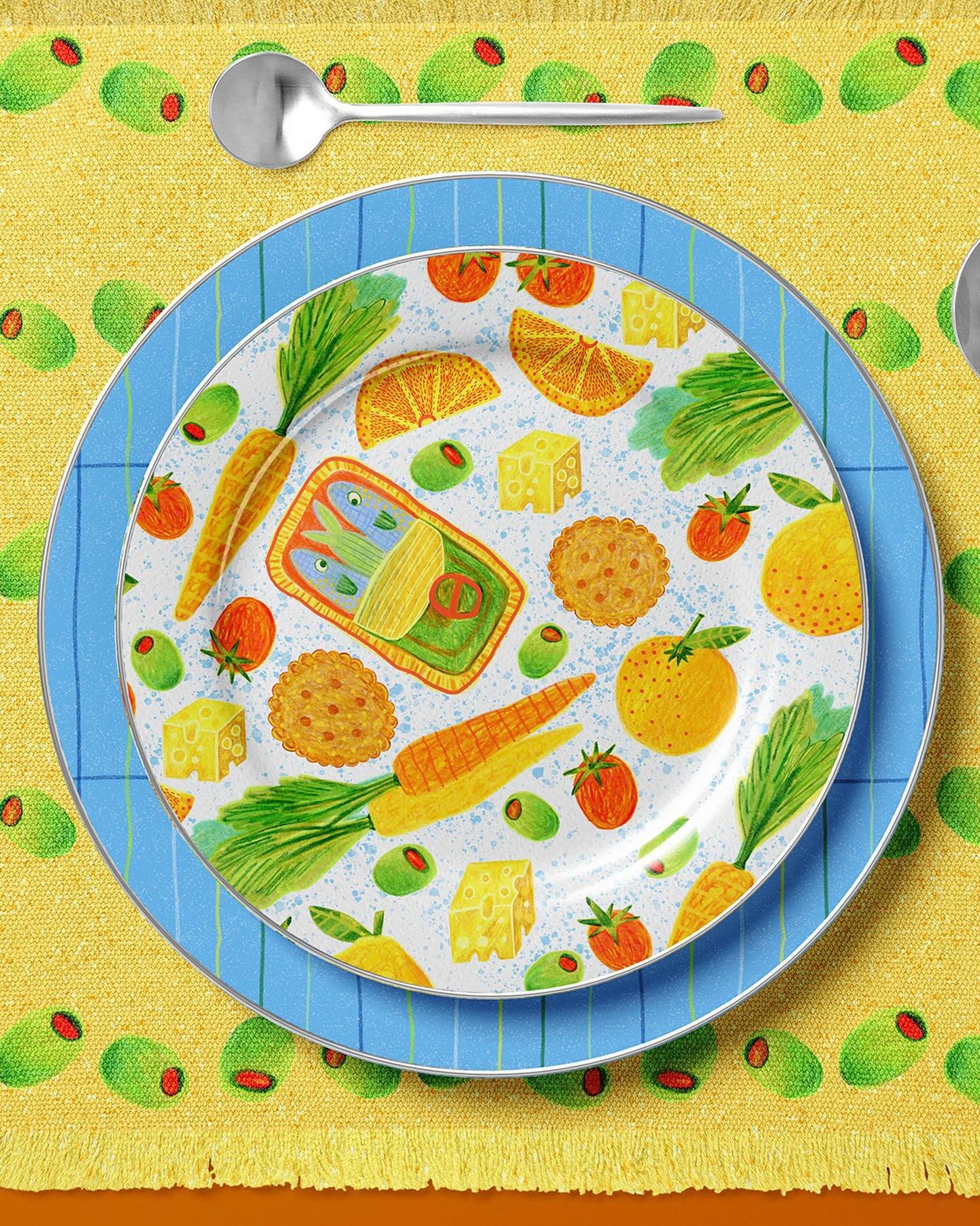 Got inspired to turn these food-themed illustrations into a dinnerware collection. Also a poll for my friends - do you eat olives like they&rsquo;re m&amp;m&rsquo;s like I do? Comment 🫒 for olive buffet and🏃&zwj;♀️ if you would rather run away.

#d