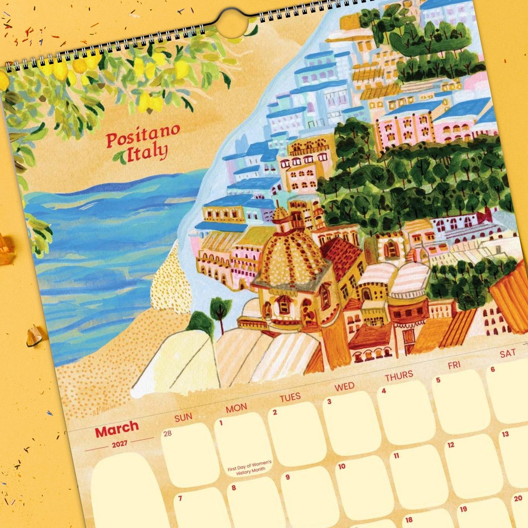 2027 Travel Wall Calendar featuring Positano, Italy illustrations hand-drawn by illustrator Heather Miller.