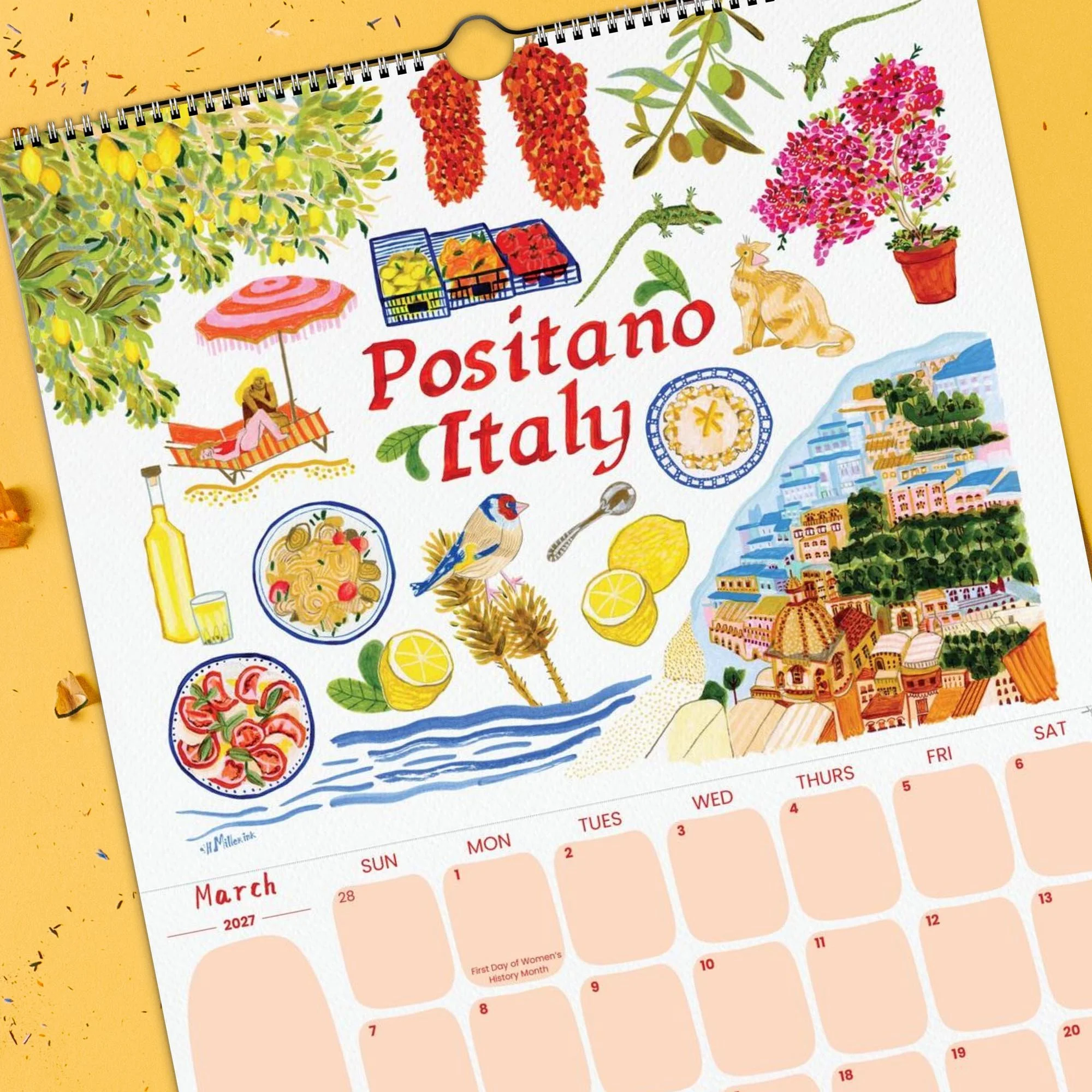 2027 Travel Wall Calendar featuring Positano, Italy illustrations hand-drawn by illustrator Heather Miller.