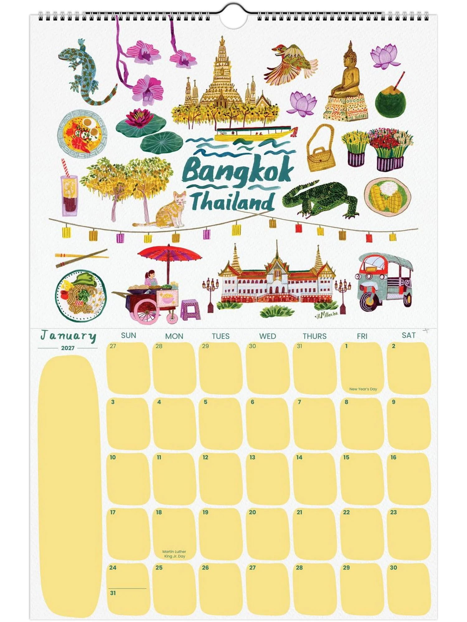 2027 Travel Calendar featuring Bangkok, Thailand illustration by illustrator Heather Miller - H Miller Ink art