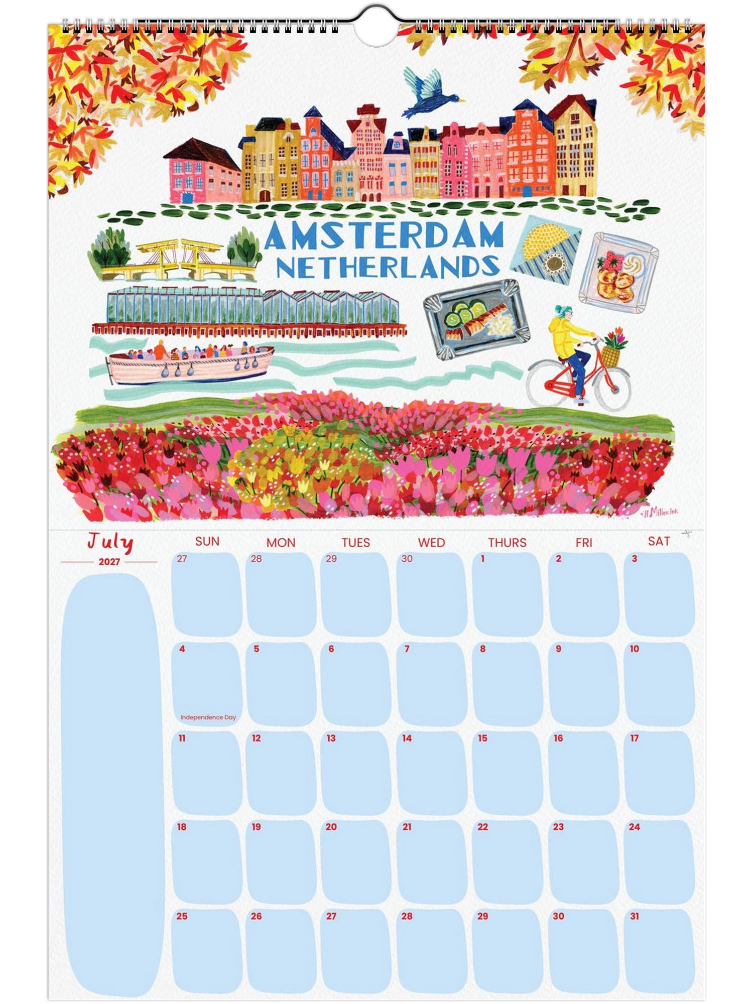 2027 Travel Calendar featuring Amsterdam, Netherlands illustration by illustrator Heather Miller - H Miller Ink art