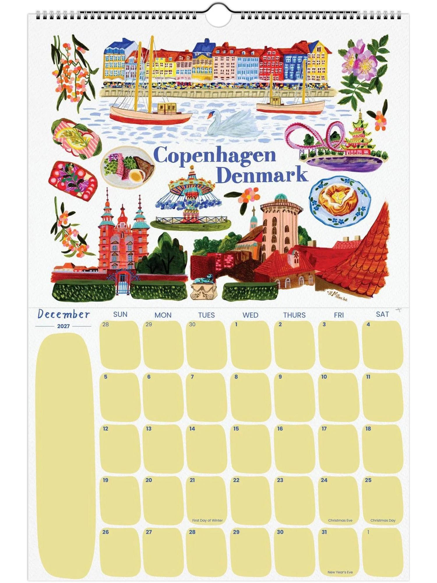 2027 Travel Calendar featuring Copenhagen, Denmark illustration by illustrator Heather Miller - H Miller Ink art