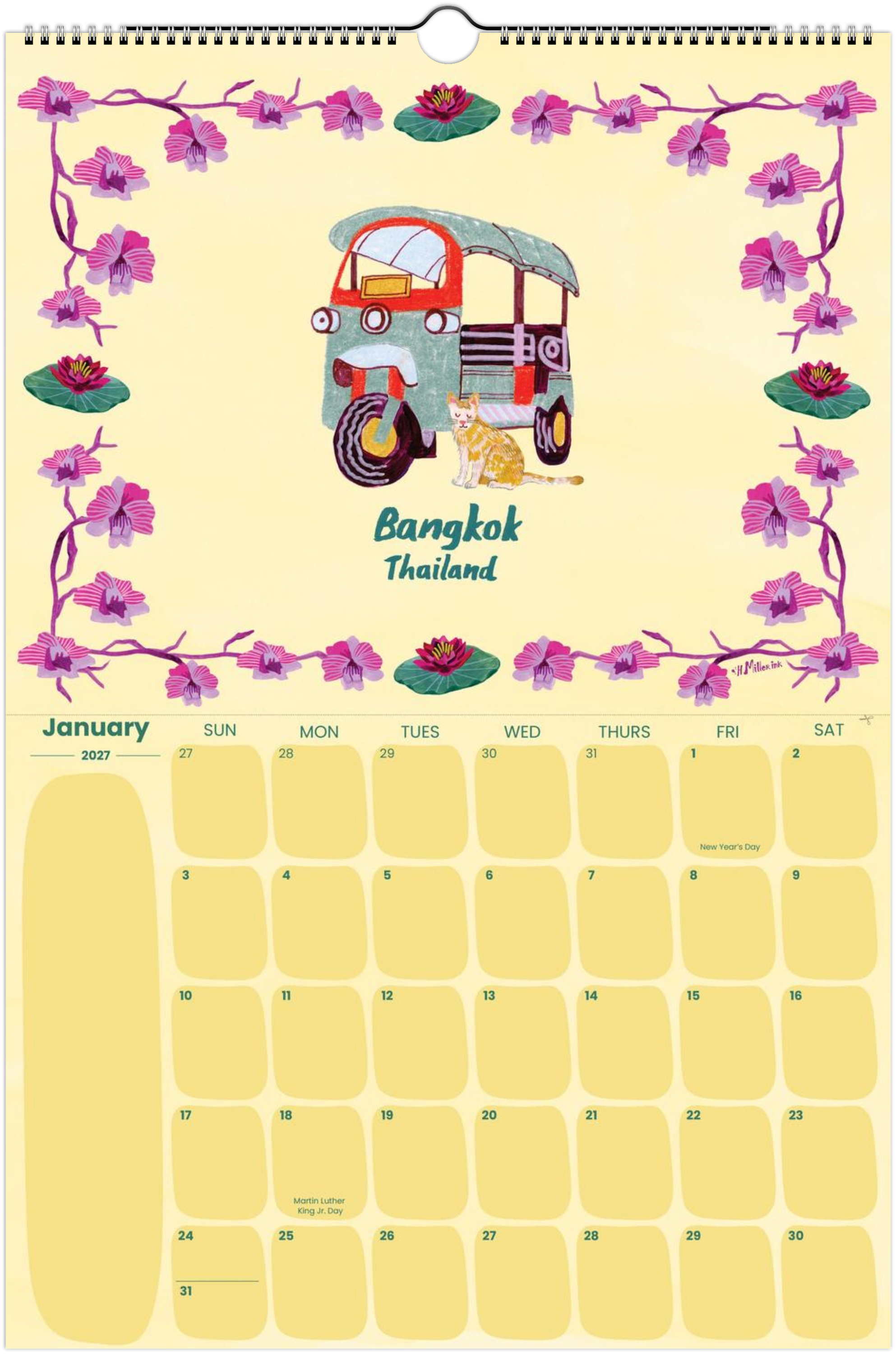 2027 travel calendar by illustrated by Heather Miller featuring Bangkok, Thailand artwork