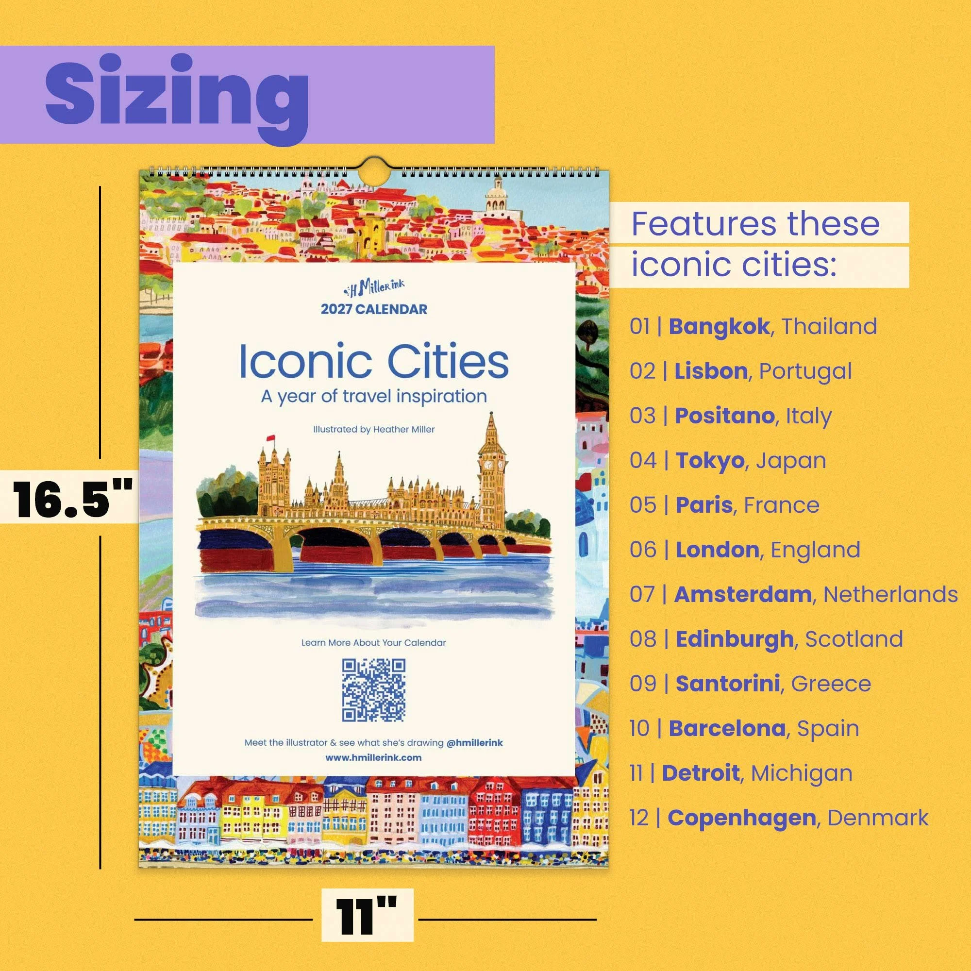 2027 Travel Wall Calendar with hand-drawn illustrations by illustrator Heather Miller. 12 cities, doubles as frameable art prints.