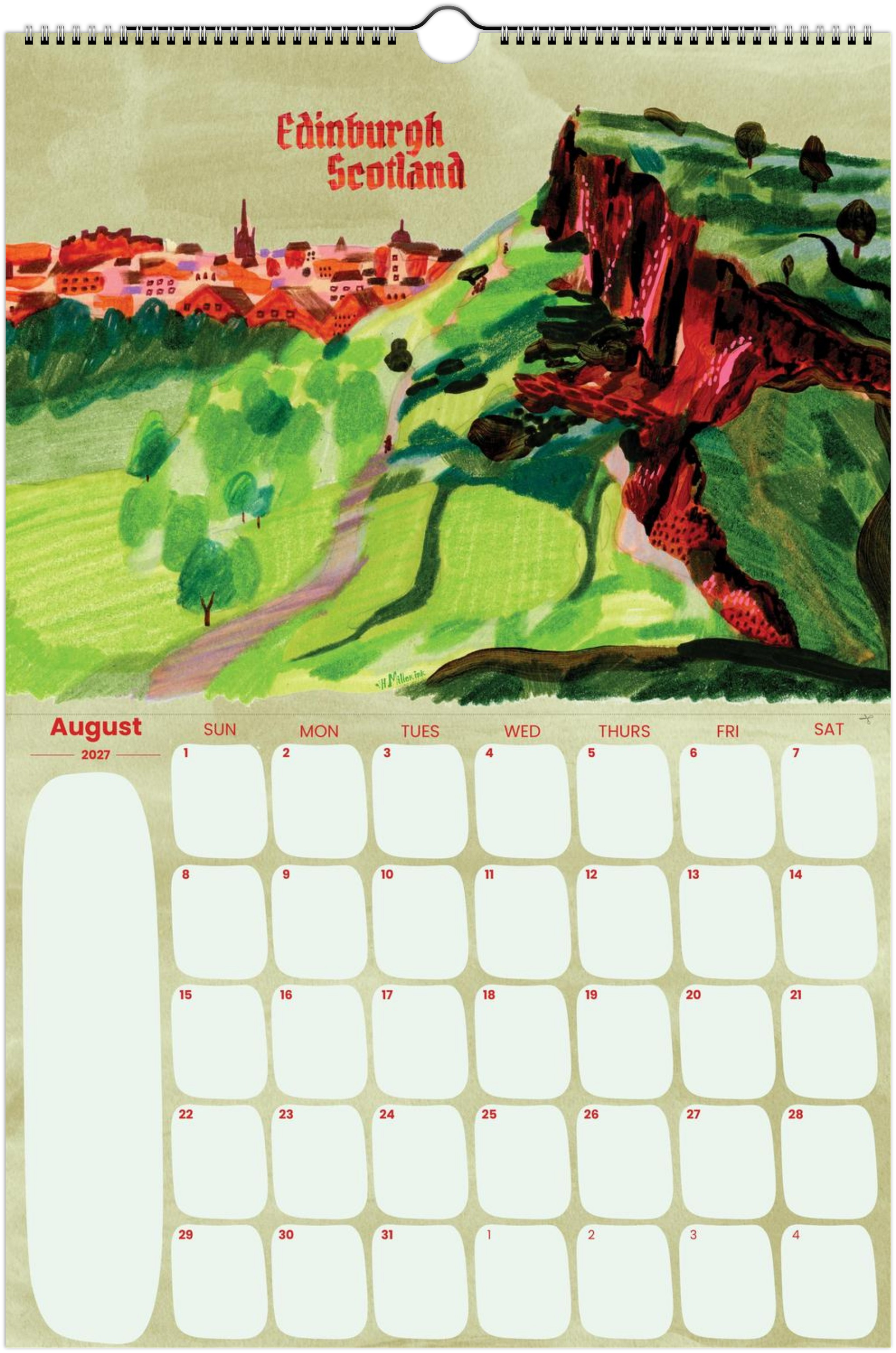 2027 travel calendar by illustrated by Heather Miller featuring Edinburgh, Scotland artwork