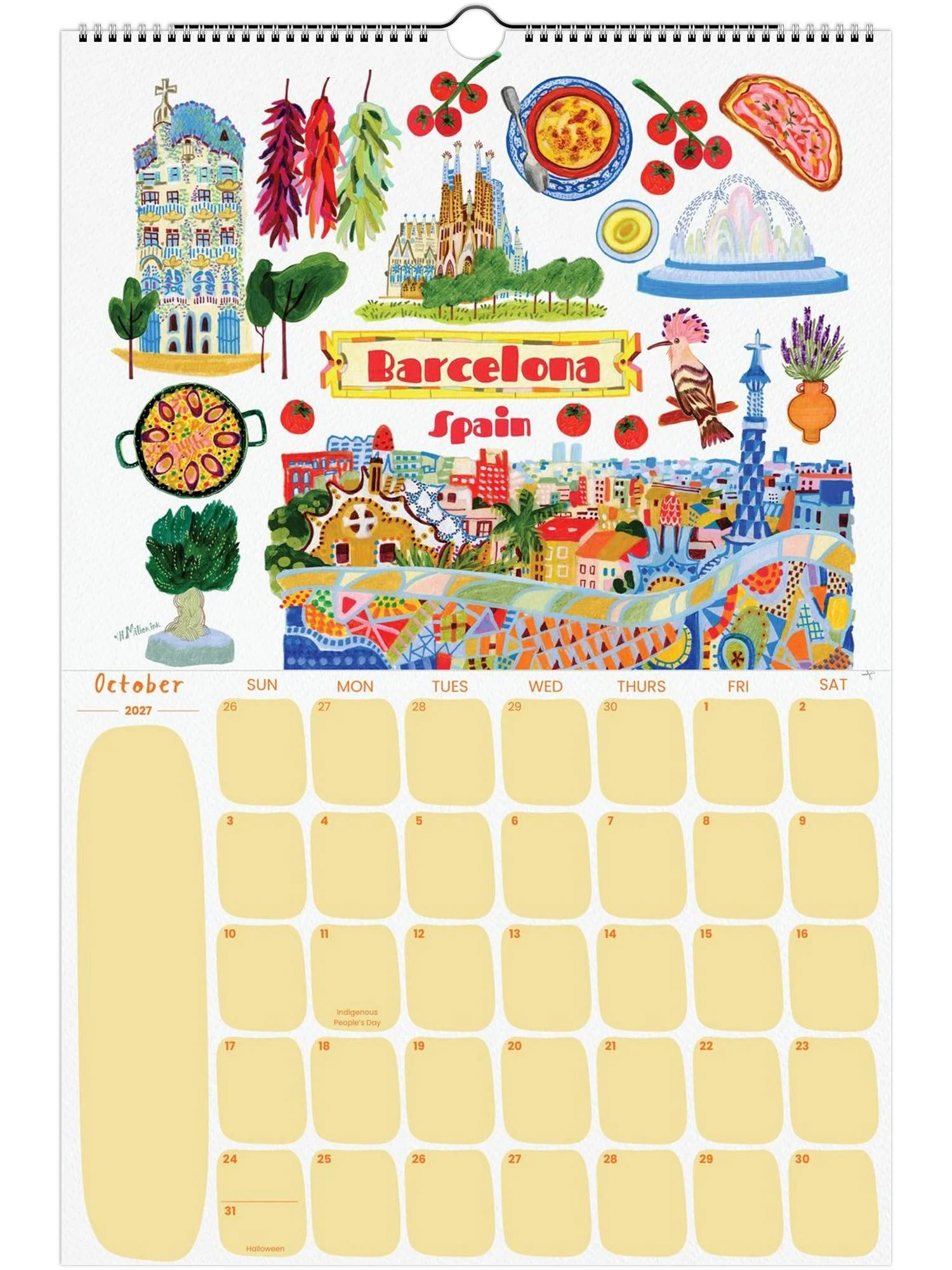 2027 Travel Calendar featuring Barcelona, Spain illustration by illustrator Heather Miller - H Miller Ink art