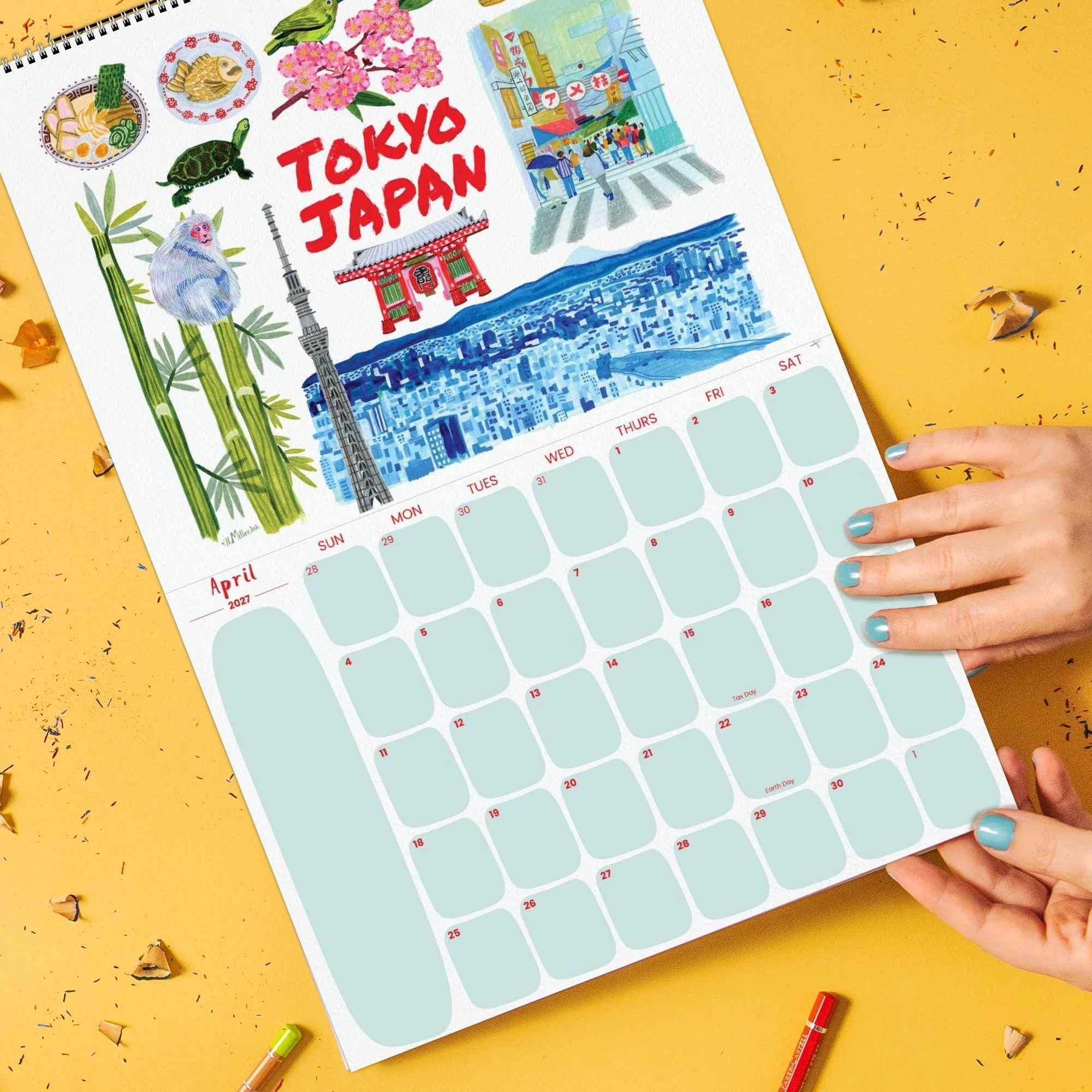 2027 Travel Wall Calendar featuring Tokyo, Japan illustrations hand-drawn by illustrator Heather Miller.