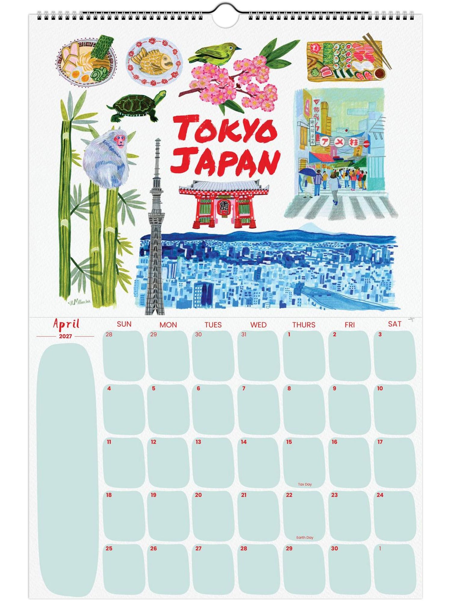 2027 Travel Calendar featuring Tokyo, Japan illustration by illustrator Heather Miller - H Miller Ink art