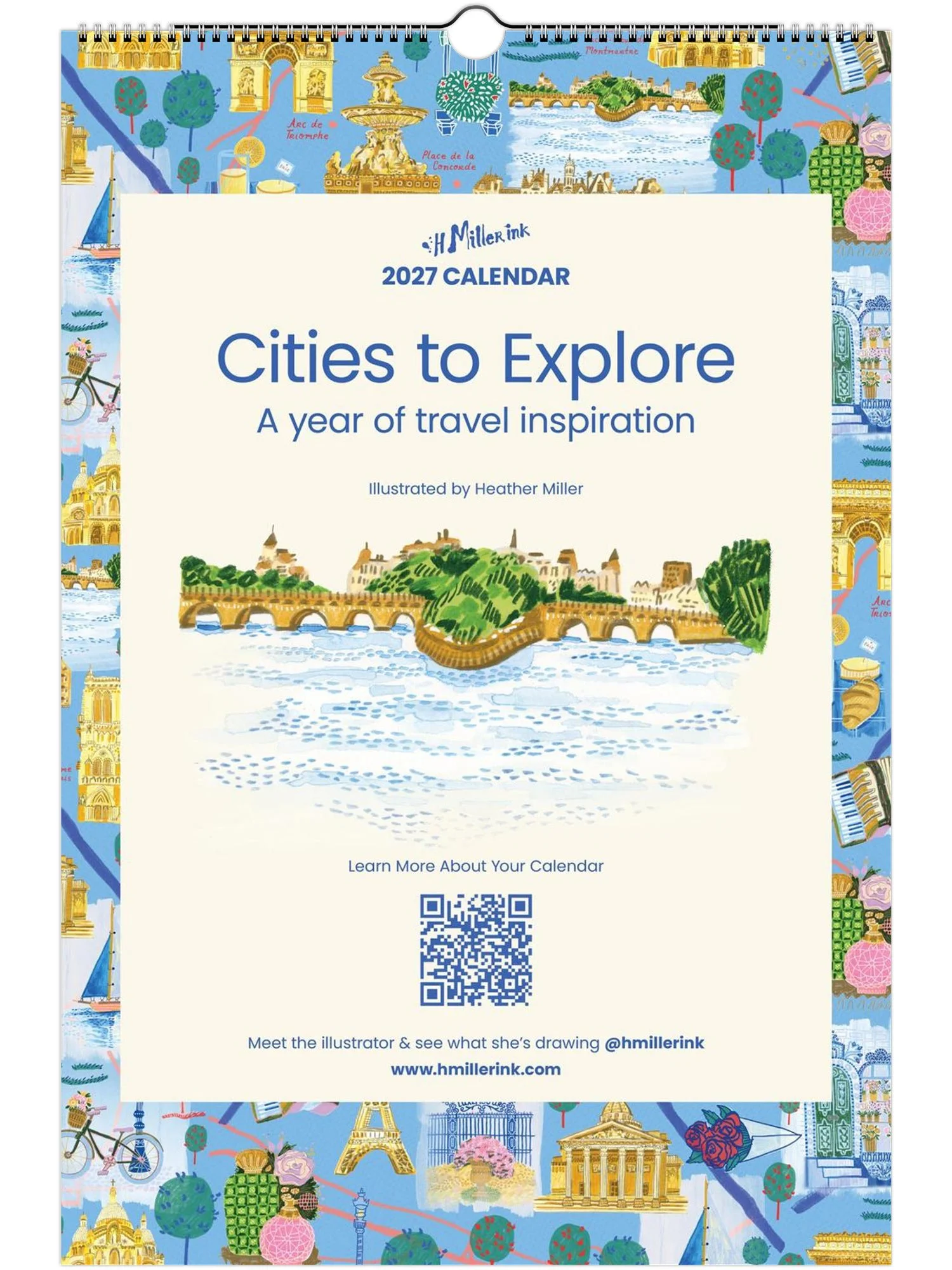 2027 Travel Calendar featuring 12 iconic worldwide travel destinations illustration by illustrator Heather Miller - H Miller Ink art