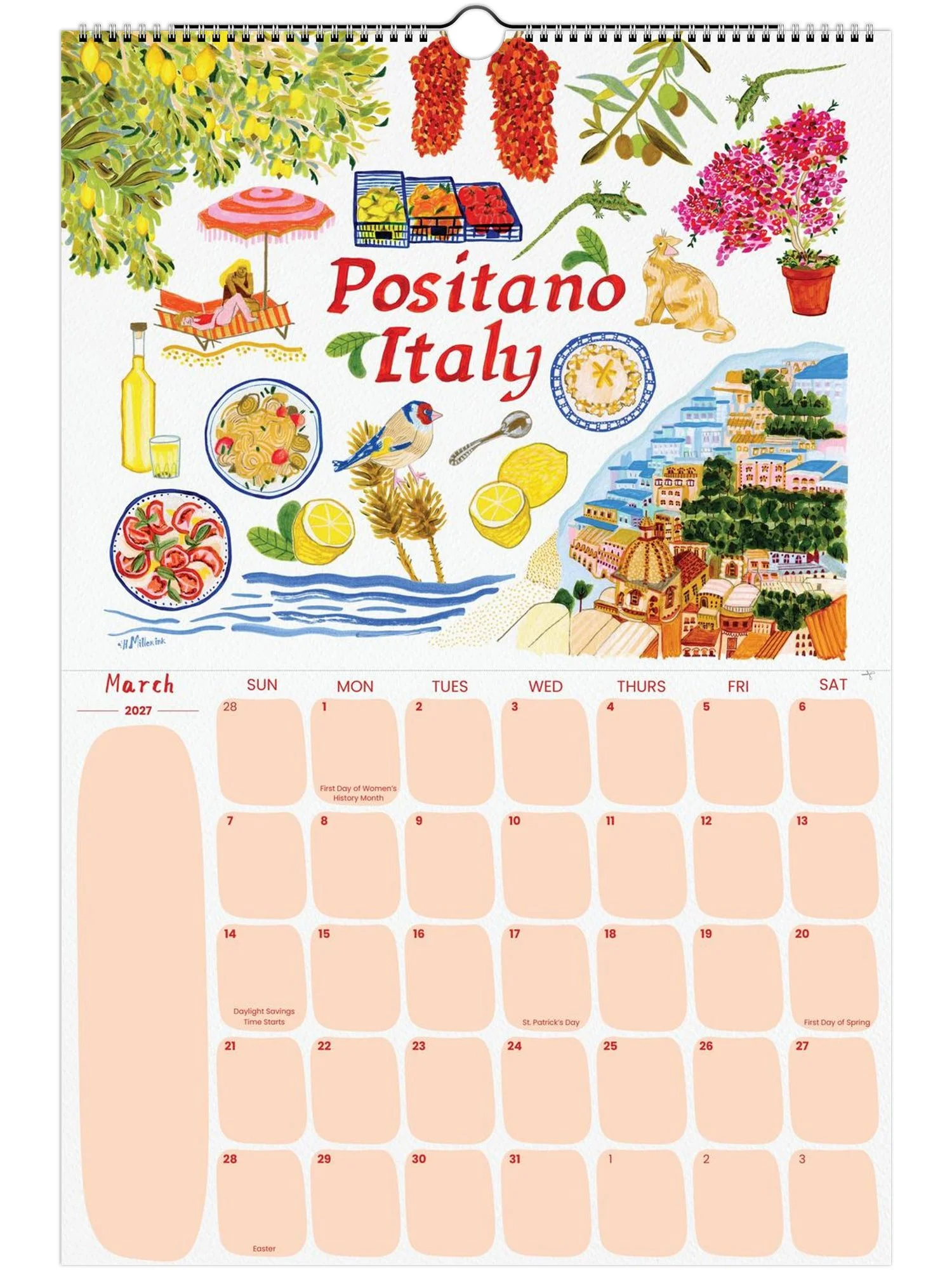 2027 Travel Calendar featuring Positano, Italy illustration by illustrator Heather Miller - H Miller Ink art