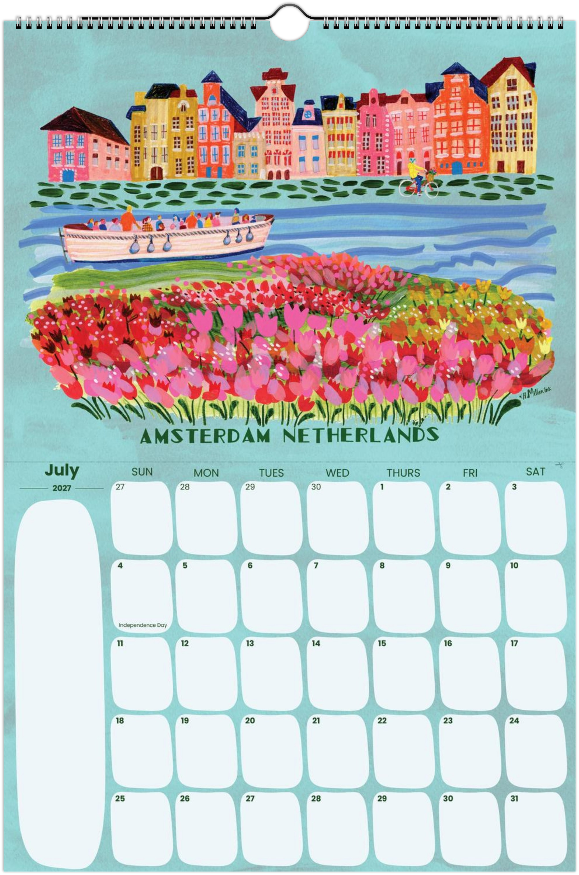 2027 travel calendar by illustrated by Heather Miller featuring Amsterdam, Netherlands artwork