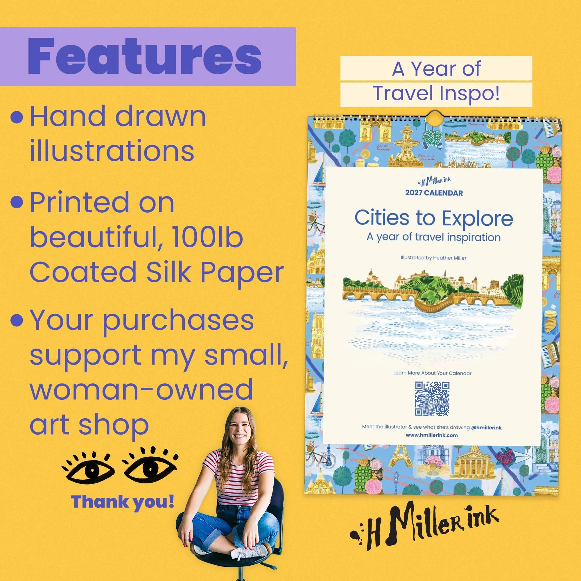 Features of 2027 Travel Wall Calendar with hand-drawn illustrations by illustrator Heather Miller.