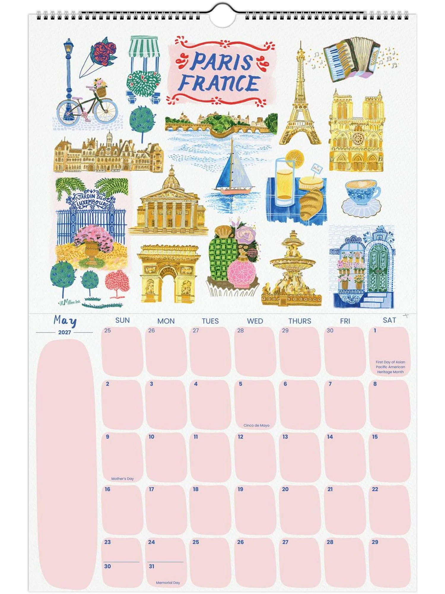 2027 Travel Calendar featuring Paris, France illustration by illustrator Heather Miller - H Miller Ink art
