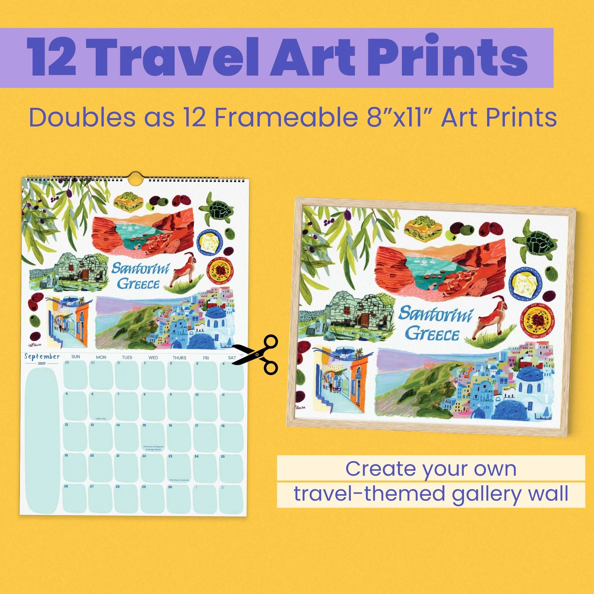 2027 Travel Wall Calendar with hand-drawn illustrations by illustrator Heather Miller. 12 cities, doubles as frameable art prints.