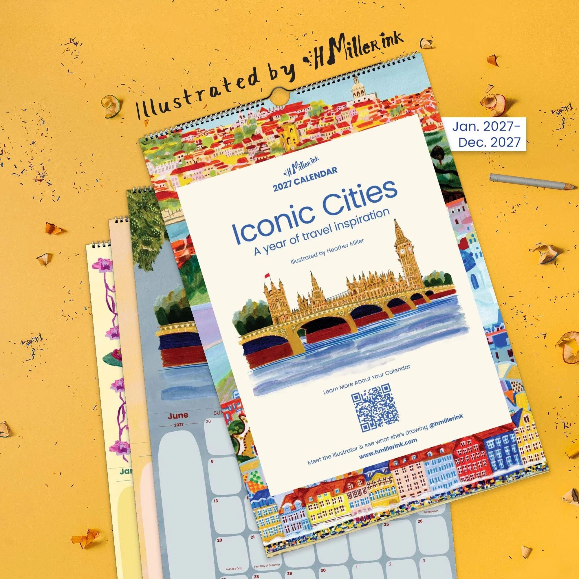 2027 Travel Wall Calendar with hand-drawn illustrations by illustrator Heather Miller. 12 cities, doubles as frameable art prints.