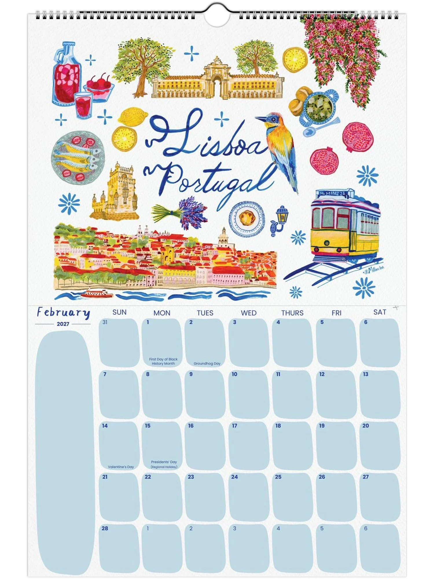 2027 Travel Calendar featuring Lisbon, Portugal illustration by illustrator Heather Miller - H Miller Ink art