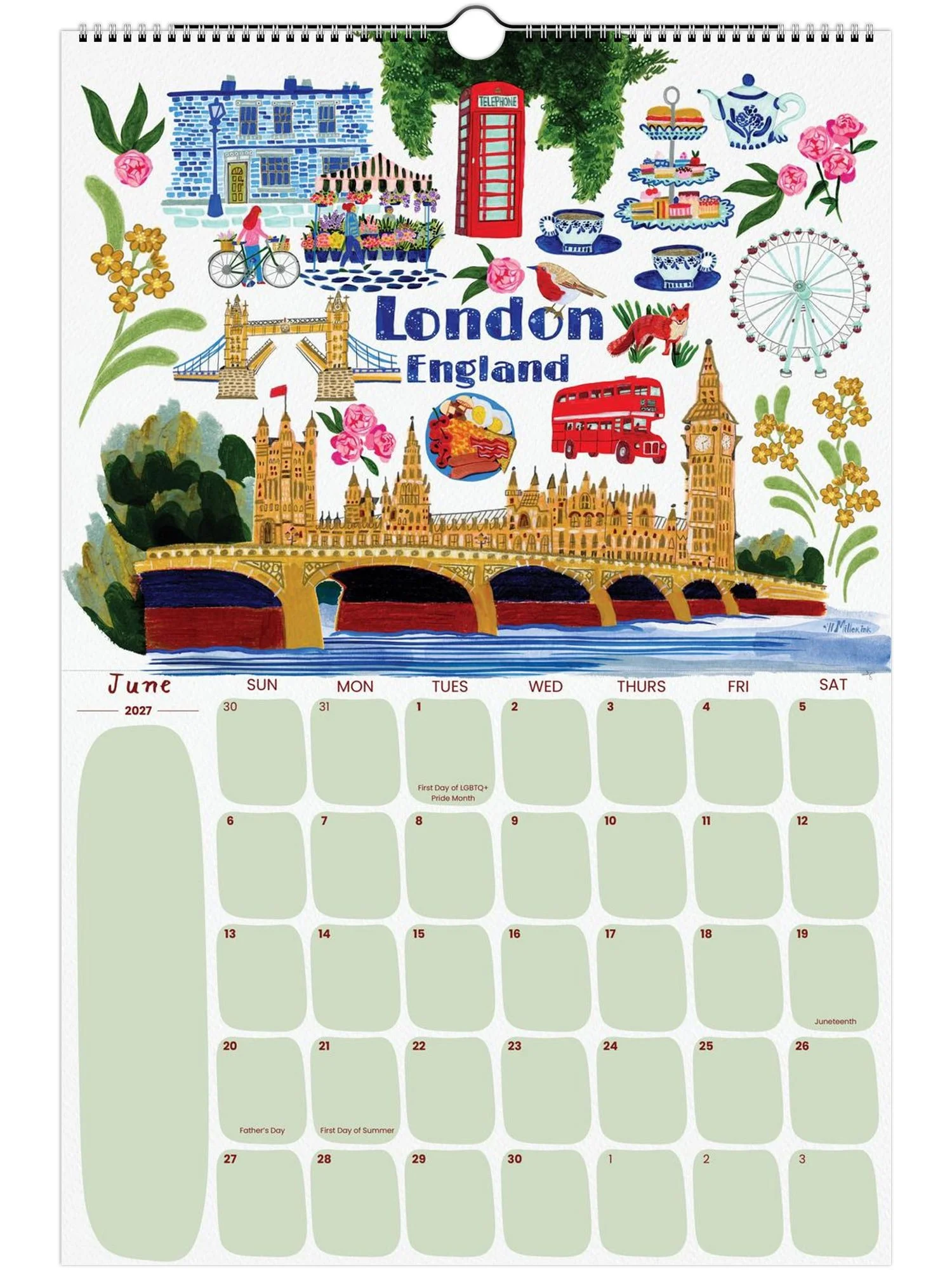 2027 Travel Calendar featuring London, England illustration by illustrator Heather Miller - H Miller Ink art