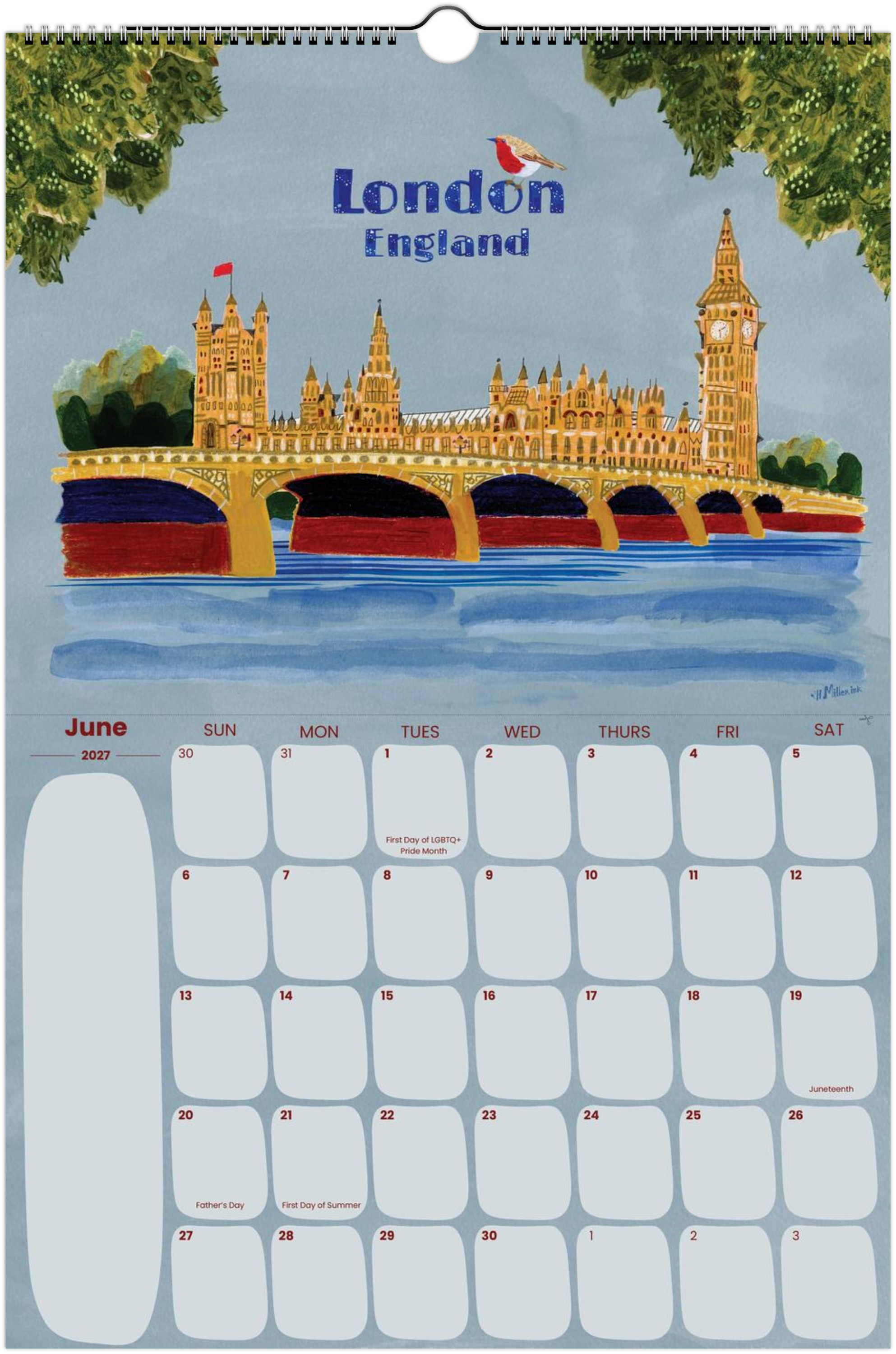 2027 travel calendar by illustrated by Heather Miller featuring London, England artwork