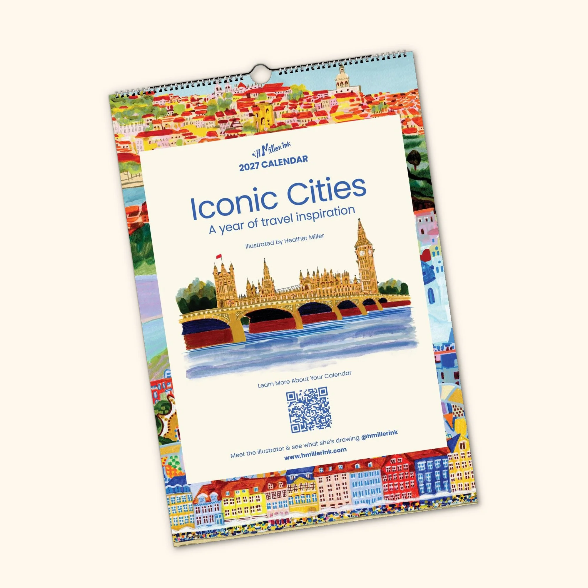Cover of 2027 Travel Calendar - Iconic Cities by illustrator Heather Miller - H Miller Ink art